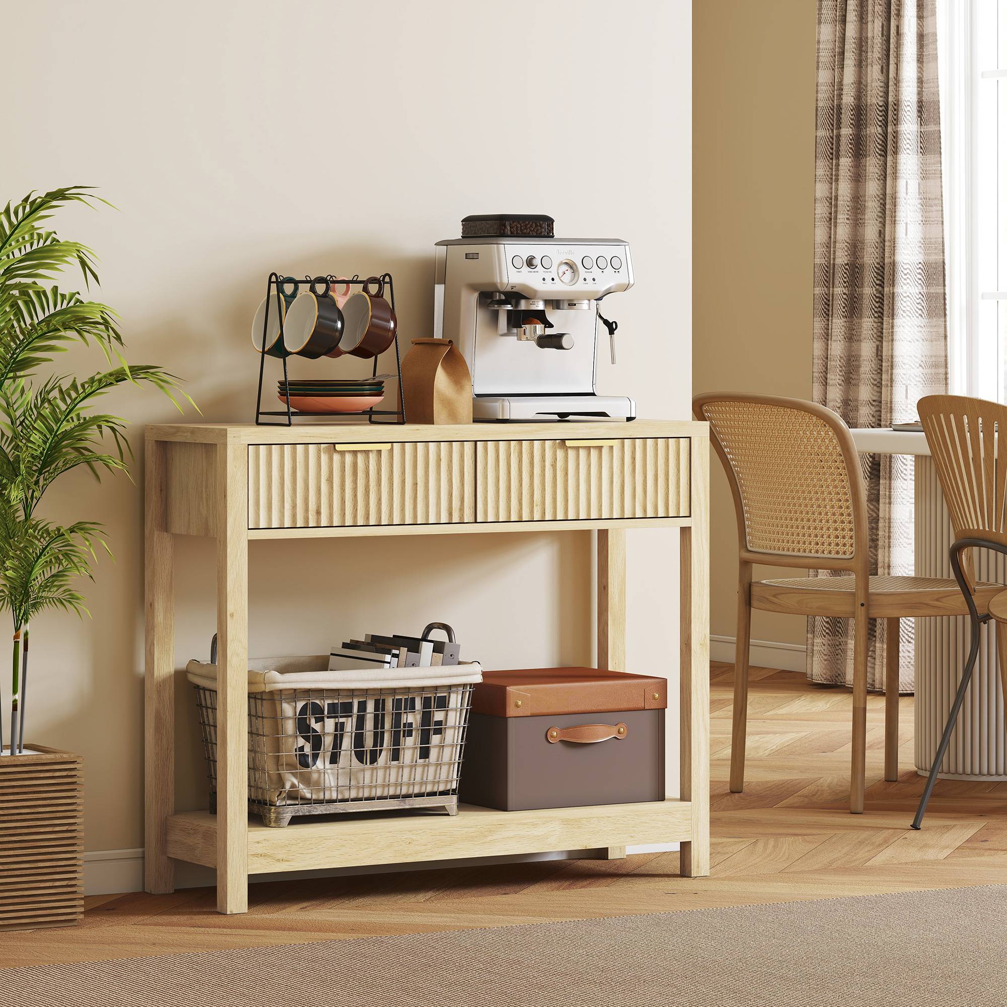 Console meuble 90 cm, table console étroite avec 2 tiroirs rainurés et étagère, style moderne, bois naturel - Image 9