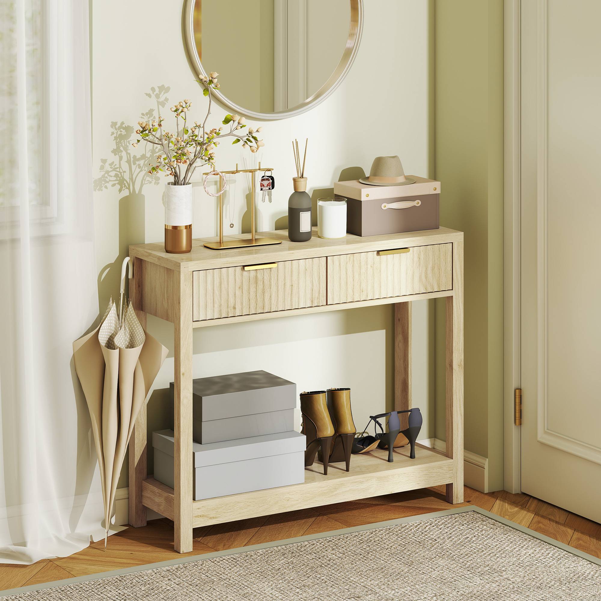 Console meuble 90 cm, table console étroite avec 2 tiroirs rainurés et étagère, style moderne, bois naturel - Image 3