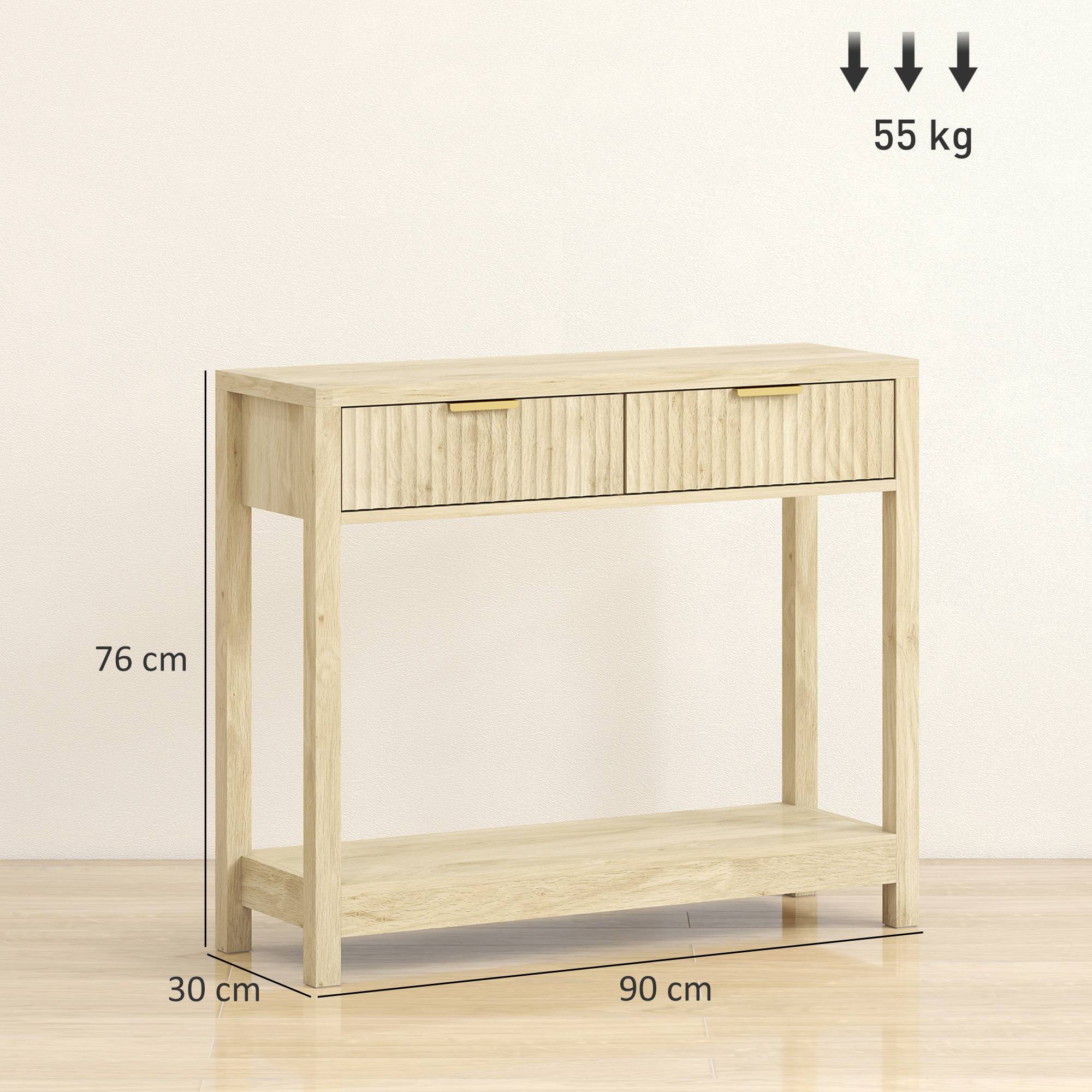 Console meuble 90 cm, table console étroite avec 2 tiroirs rainurés et étagère, style moderne, bois naturel - Image 5