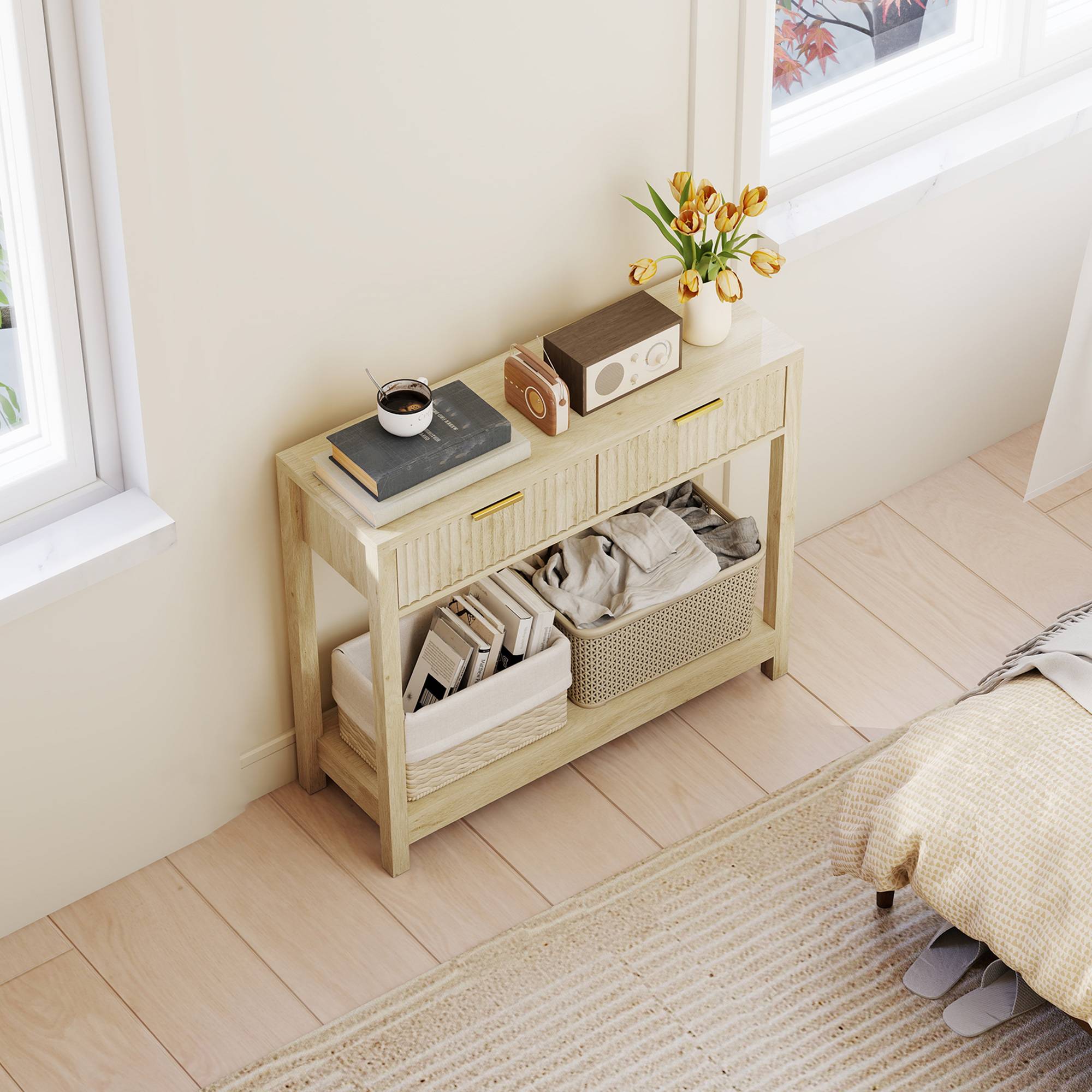 Console meuble 90 cm, table console étroite avec 2 tiroirs rainurés et étagère, style moderne, bois naturel - Image 10