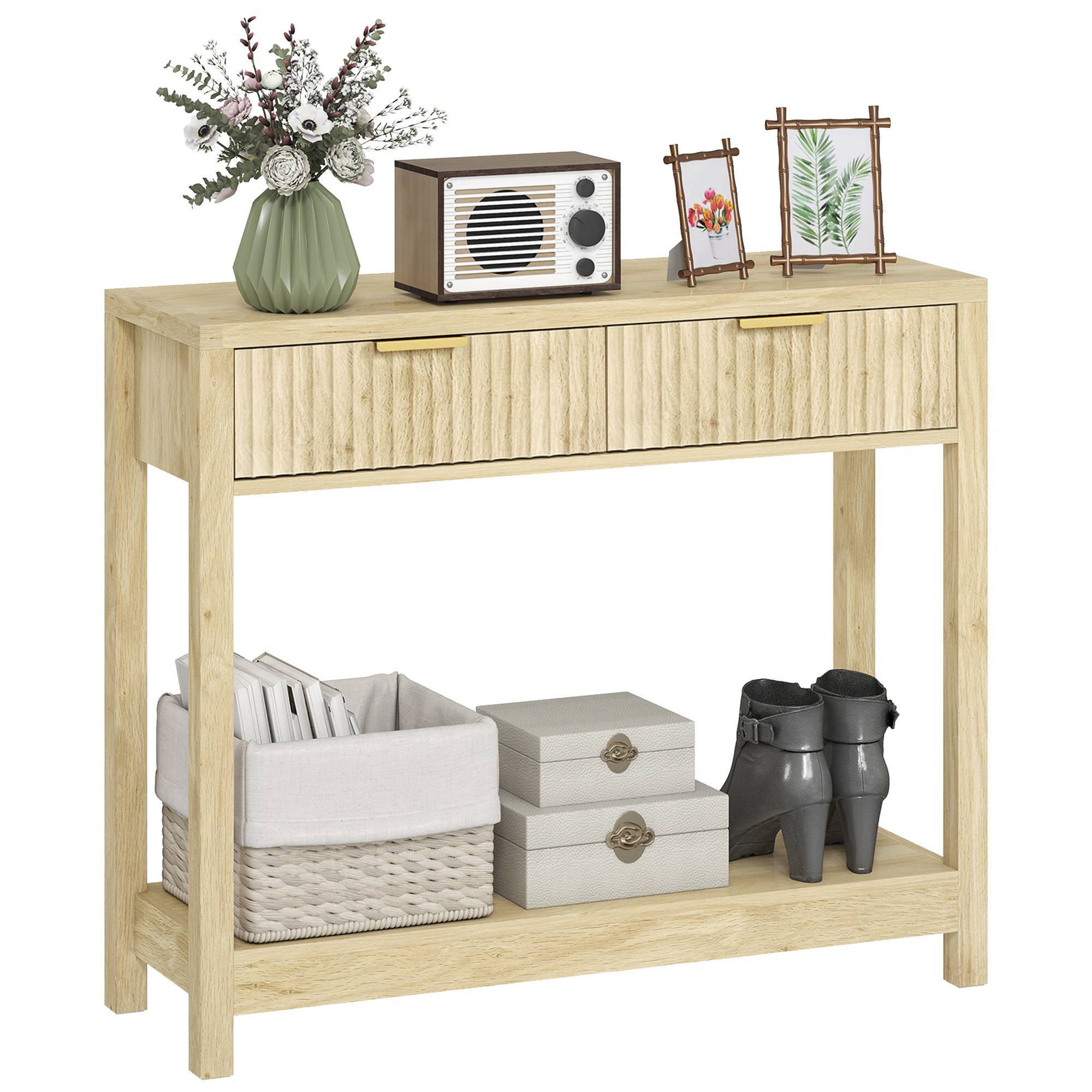 Console meuble 90 cm, table console étroite avec 2 tiroirs rainurés et étagère, style moderne, bois naturel - Image 1