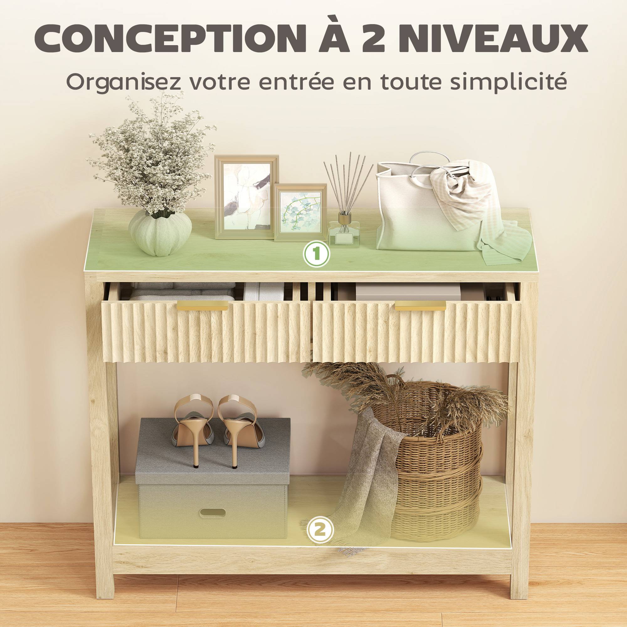 Console meuble 90 cm, table console étroite avec 2 tiroirs rainurés et étagère, style moderne, bois naturel - Image 6