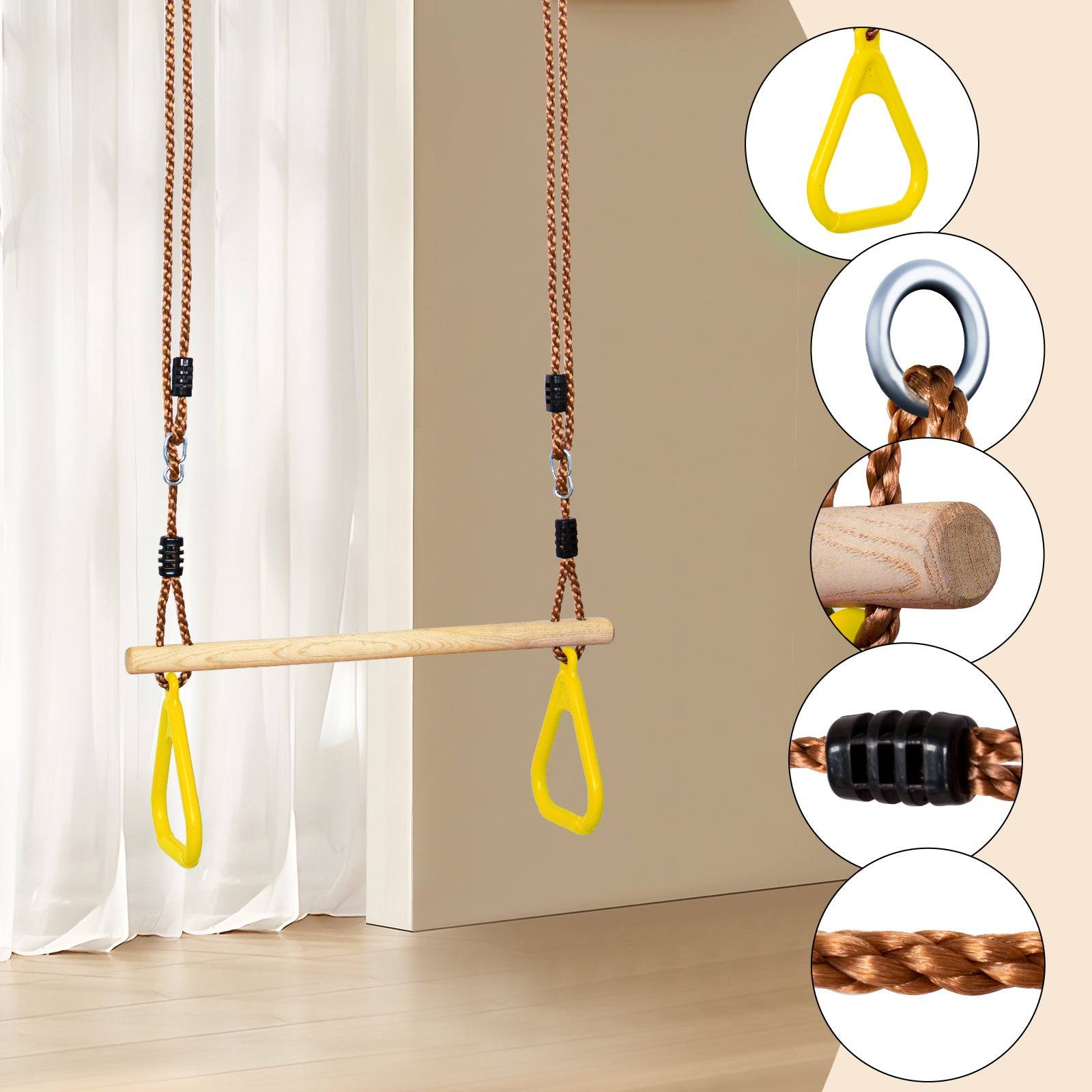 Leogreen Trapèze en Bois, Anneaux et Barre de Gymnastique pour Enfant, Jeux Jardin Extérieur Intérieur, Jaune - Image 3