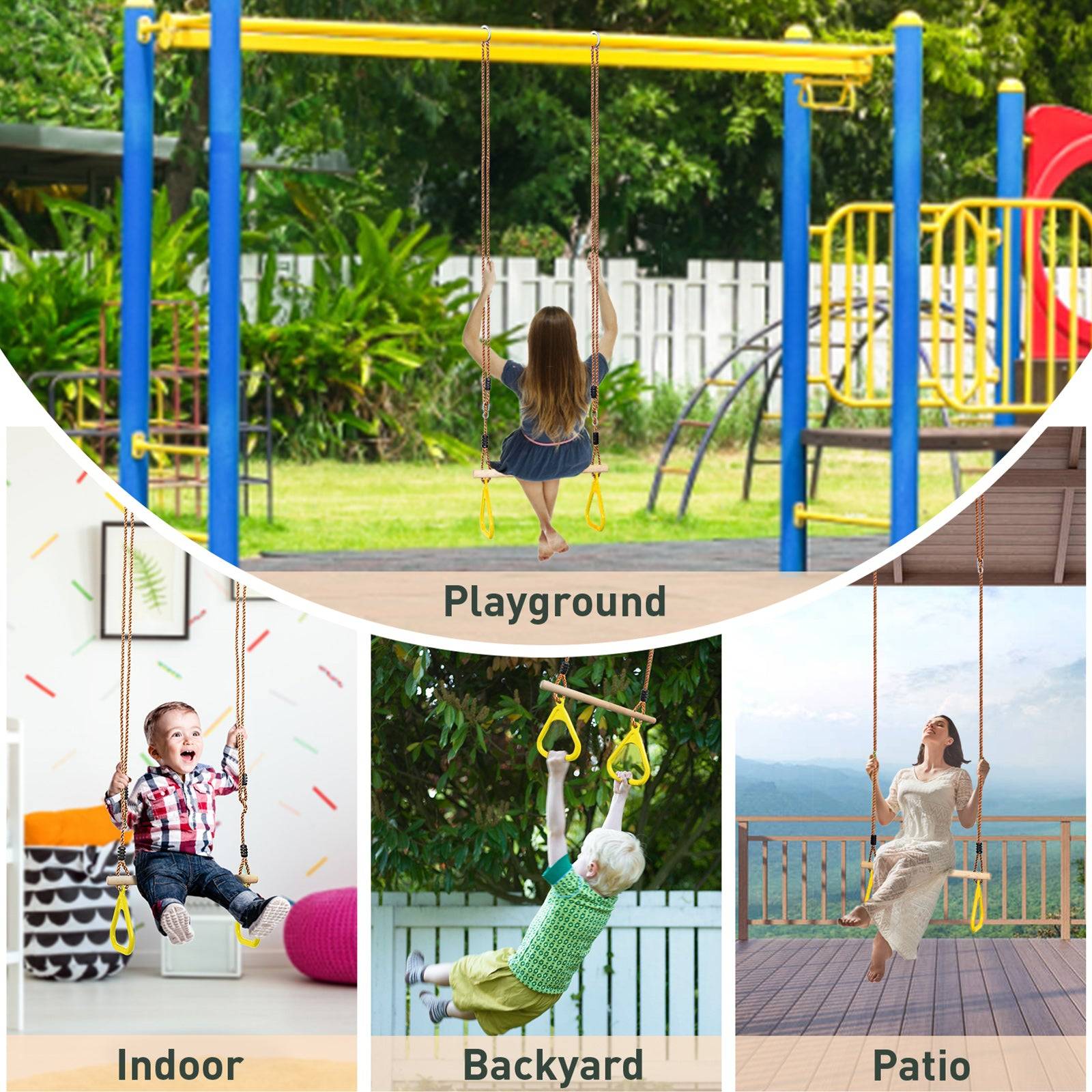 Leogreen Trapèze en Bois, Anneaux et Barre de Gymnastique pour Enfant, Jeux Jardin Extérieur Intérieur, Jaune - Image 2