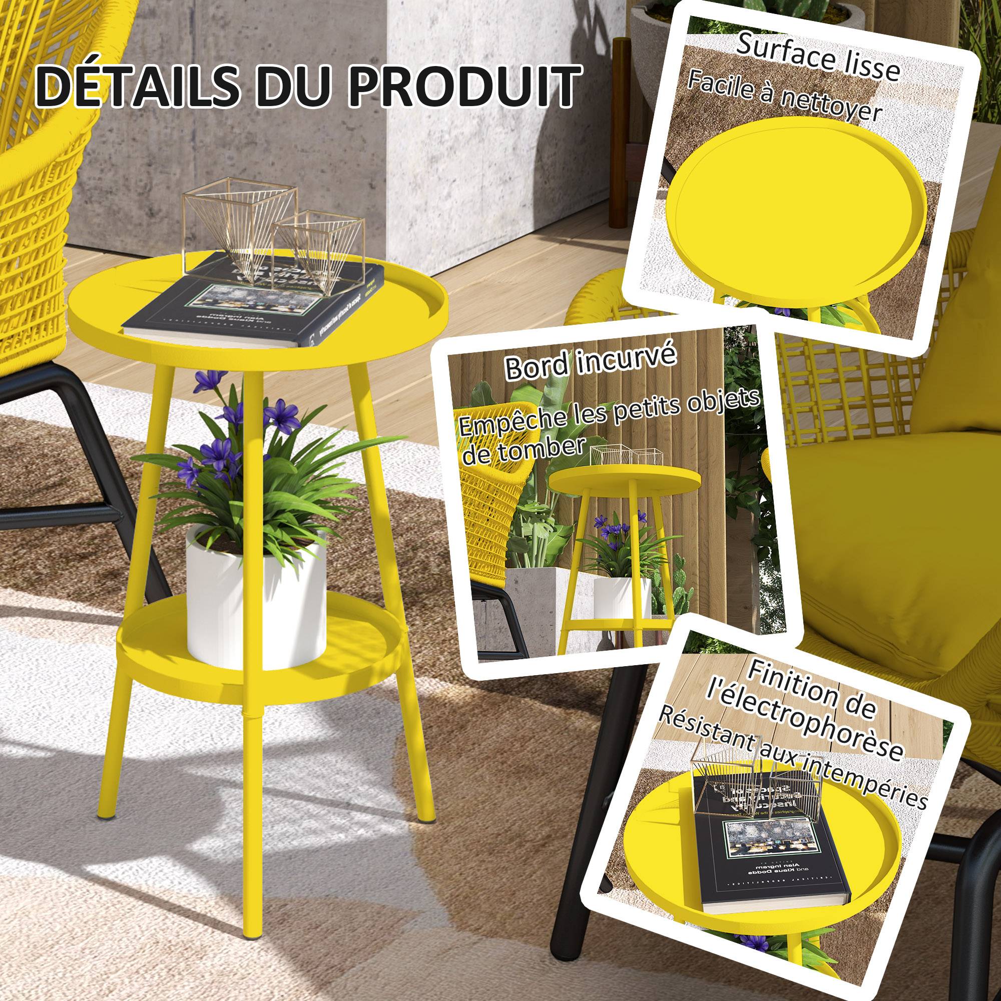 Petite table d'appoint ronde à 2 niveaux table de jardin pour terrasse salon balcon en métal Ø 32 x 51 cm jaune - Image 7