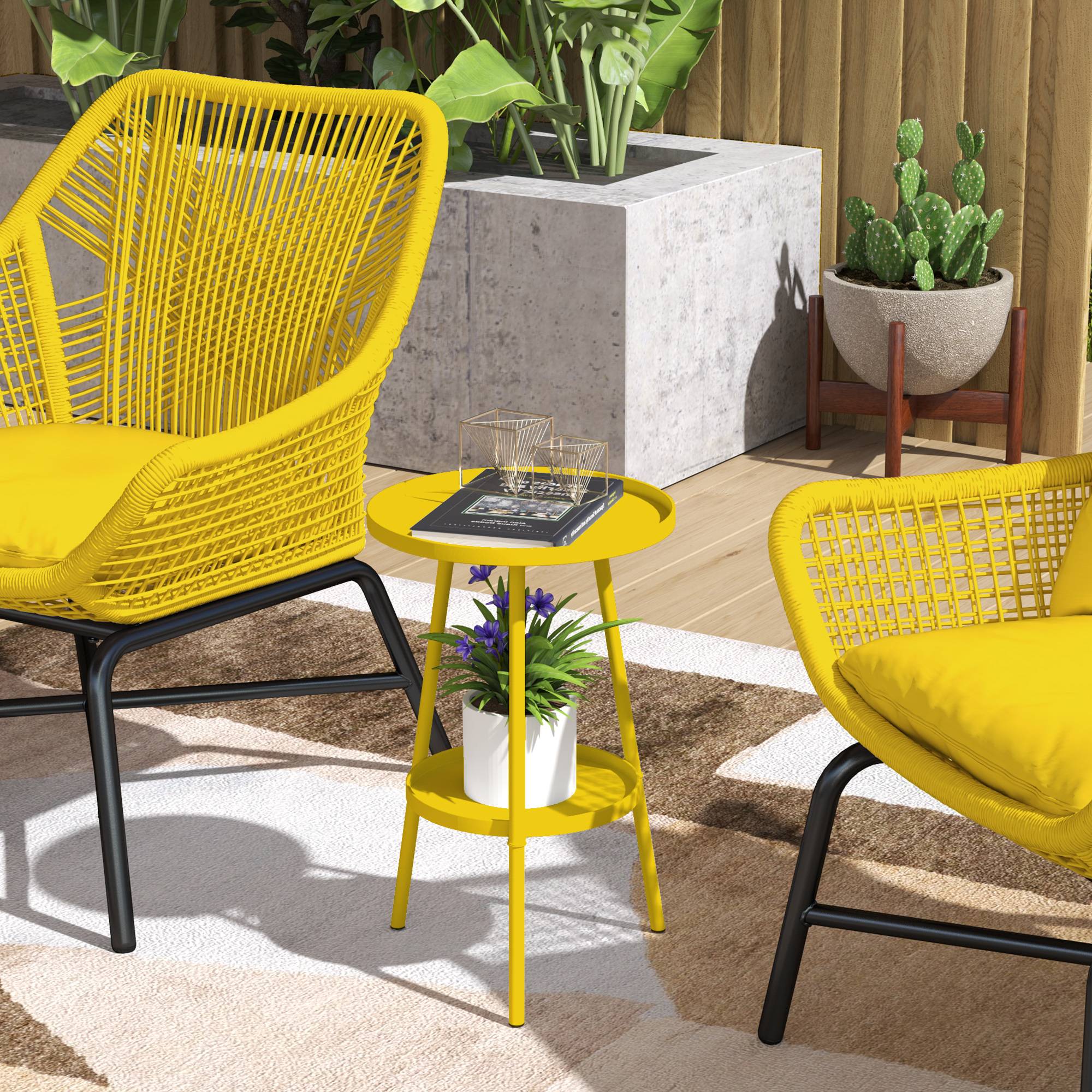 Petite table d'appoint ronde à 2 niveaux table de jardin pour terrasse salon balcon en métal Ø 32 x 51 cm jaune - Image 3
