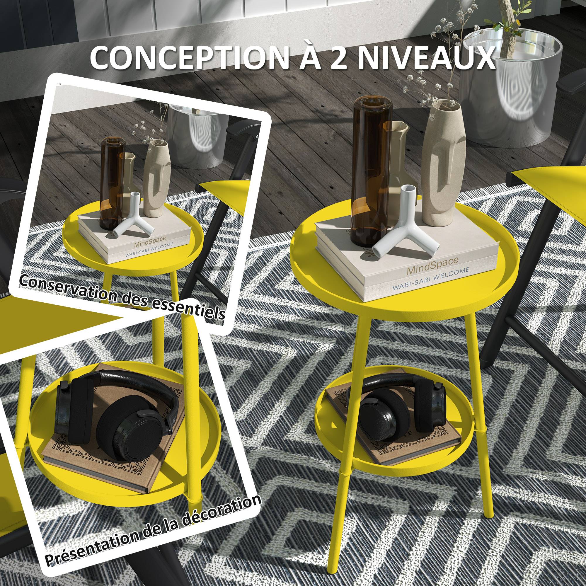 Petite table d'appoint ronde à 2 niveaux table de jardin pour terrasse salon balcon en métal Ø 32 x 51 cm jaune - Image 6