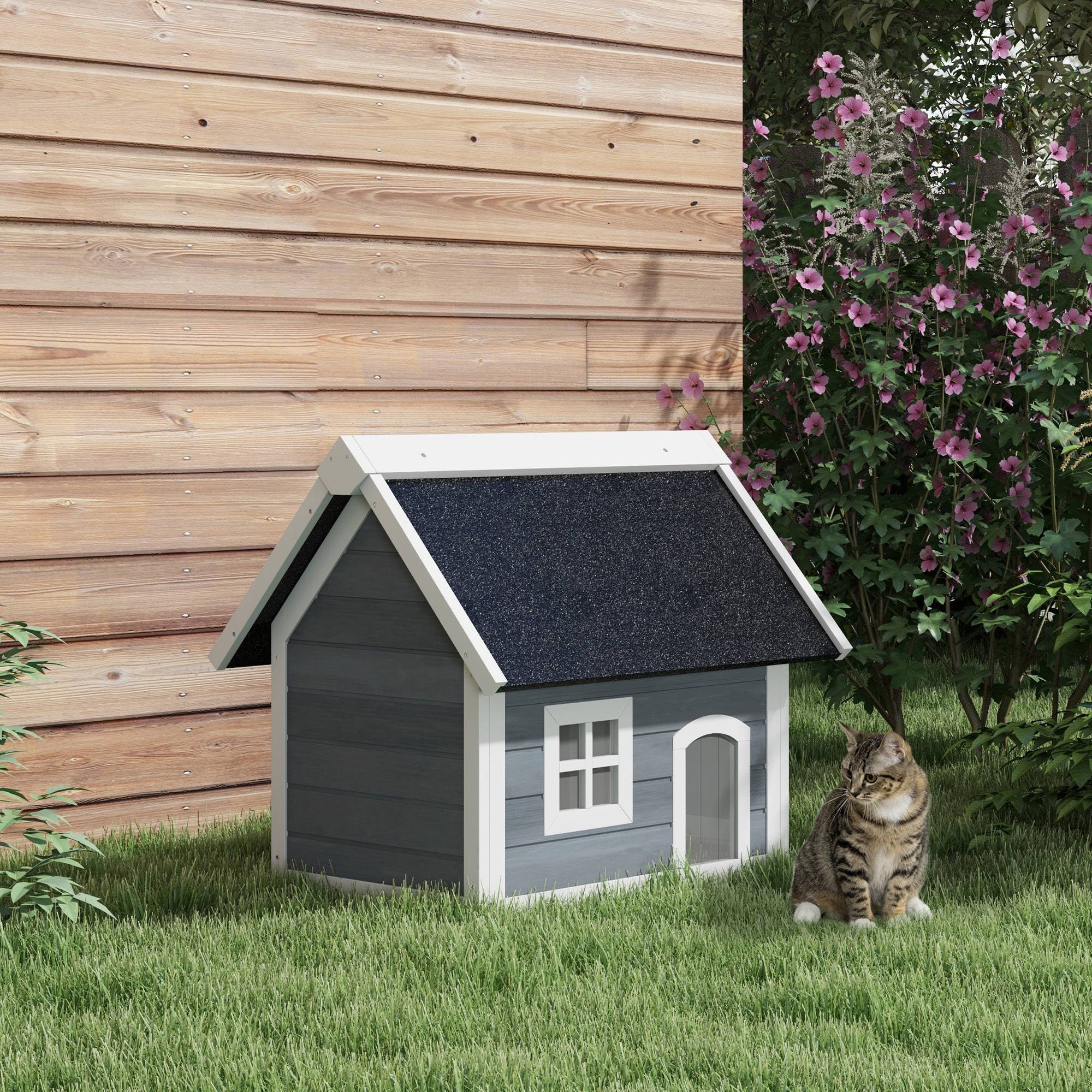 Sans Marque - Maison chat résistante intempéries avec fenêtre, 77x57,5x68cm (hors toit bitume), Gris/Blanc/Noir - Image 4