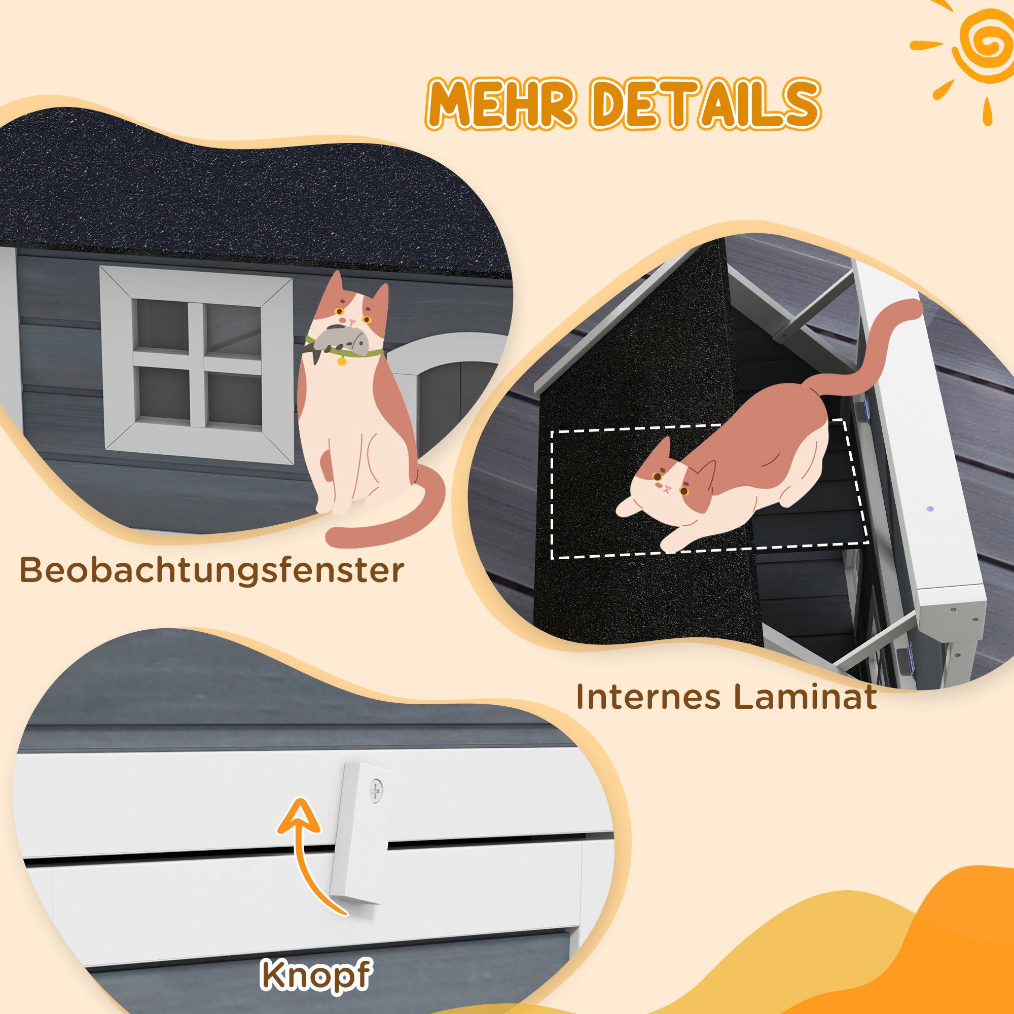 Sans Marque - Maison chat résistante intempéries avec fenêtre, 77x57,5x68cm (hors toit bitume), Gris/Blanc/Noir - Image 9
