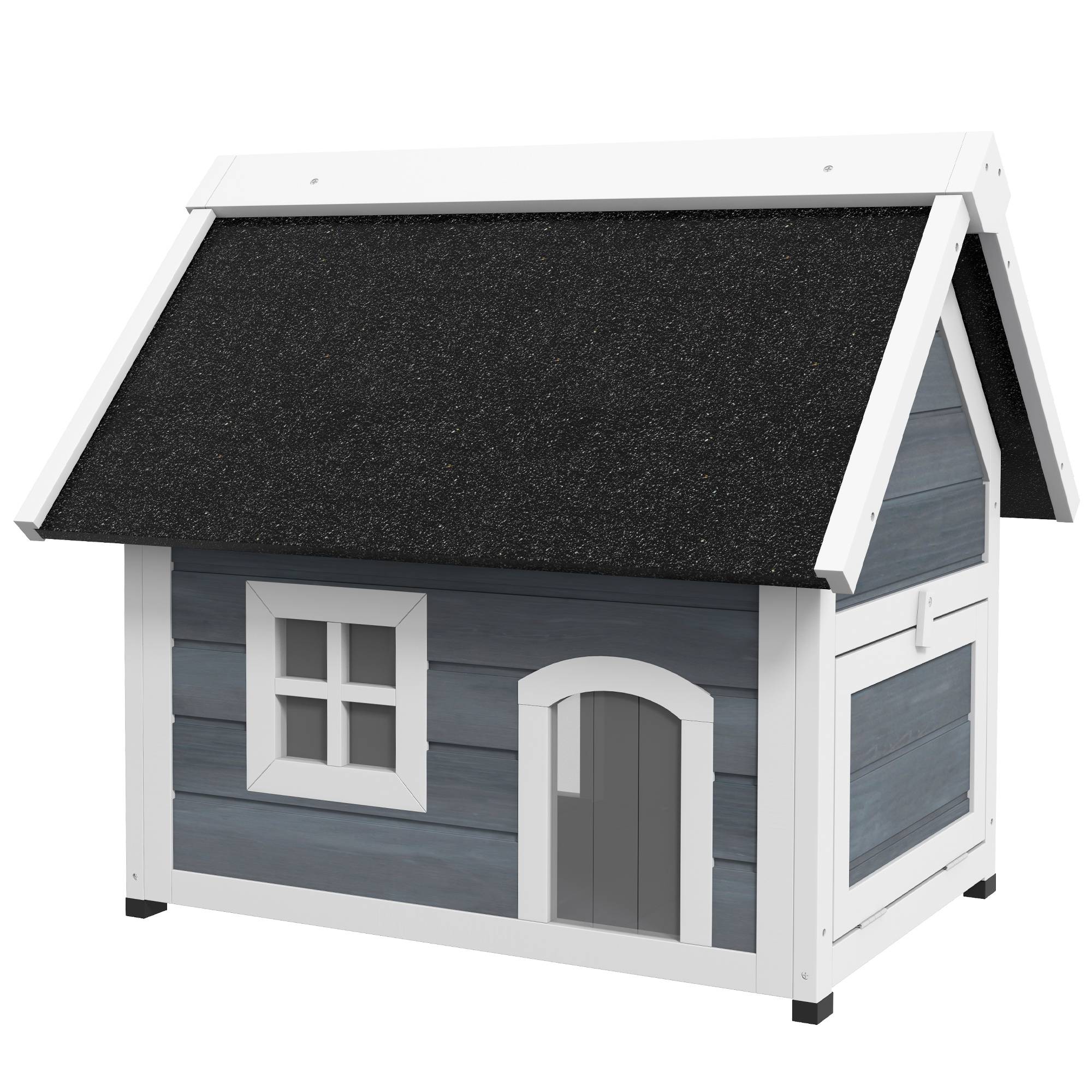 Sans Marque - Maison chat résistante intempéries avec fenêtre, 77x57,5x68cm (hors toit bitume), Gris/Blanc/Noir - Image 2
