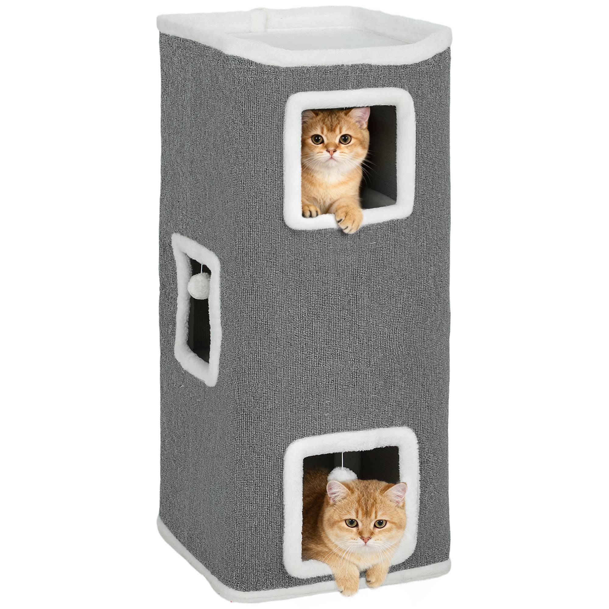 Arbre à chat avec 3 niches, 3 balles et un perchoir, en bois, tissu et peluche, 41 x 41 x 100 cm, gris et blanc - Image 1