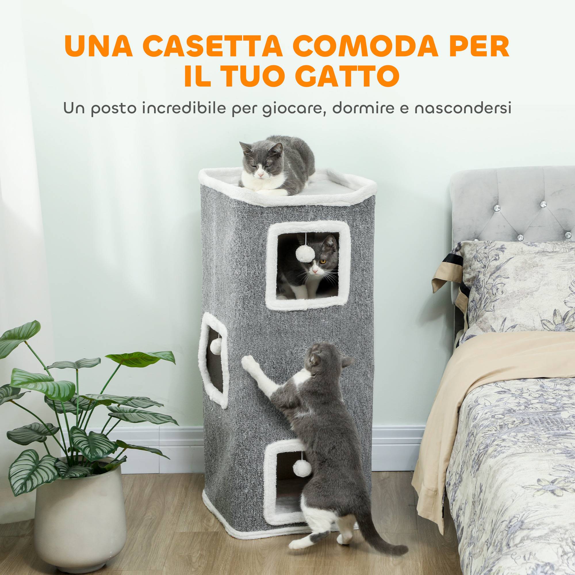 Arbre à chat avec 3 niches, 3 balles et un perchoir, en bois, tissu et peluche, 41 x 41 x 100 cm, gris et blanc - Image 6