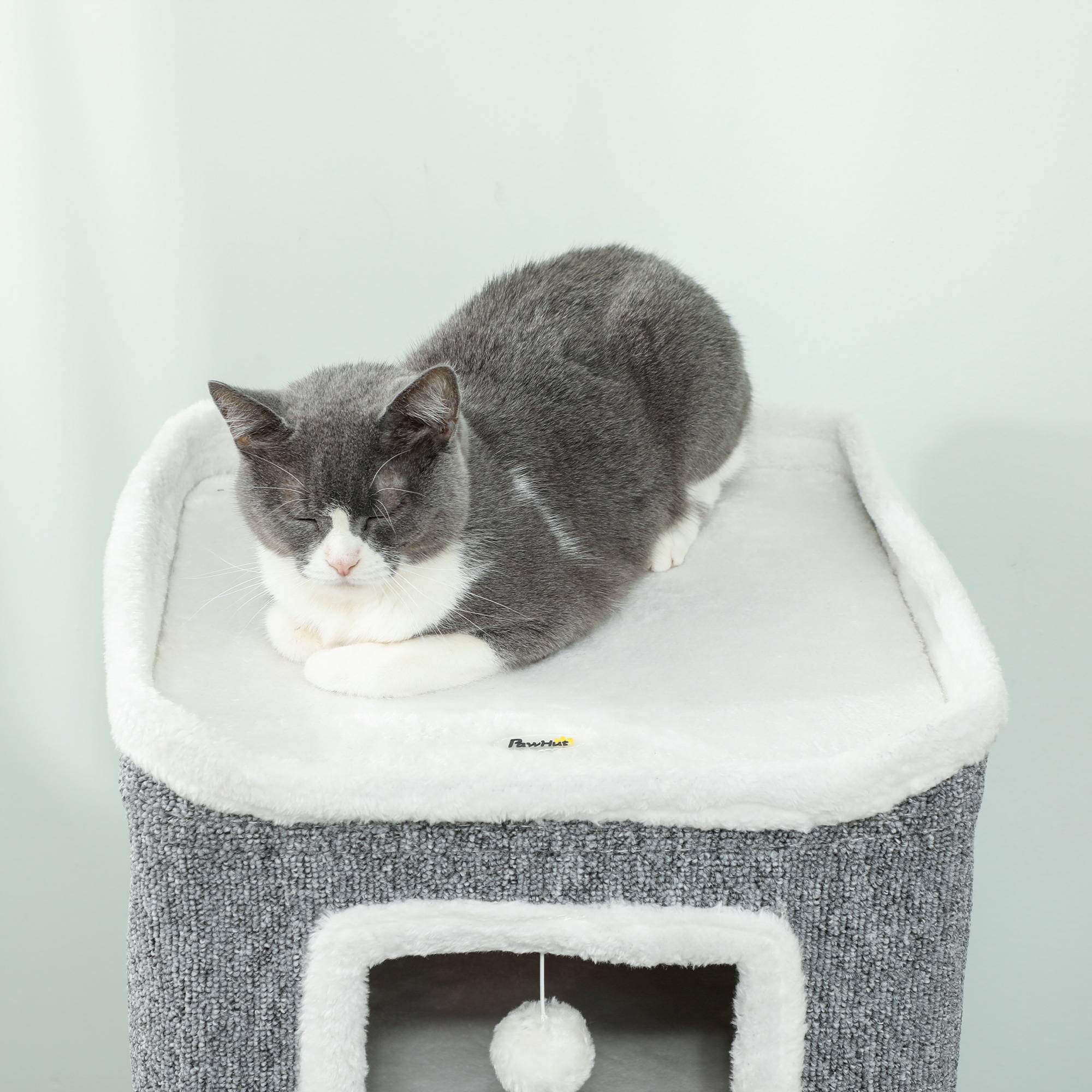 Arbre à chat avec 3 niches, 3 balles et un perchoir, en bois, tissu et peluche, 41 x 41 x 100 cm, gris et blanc - Image 10