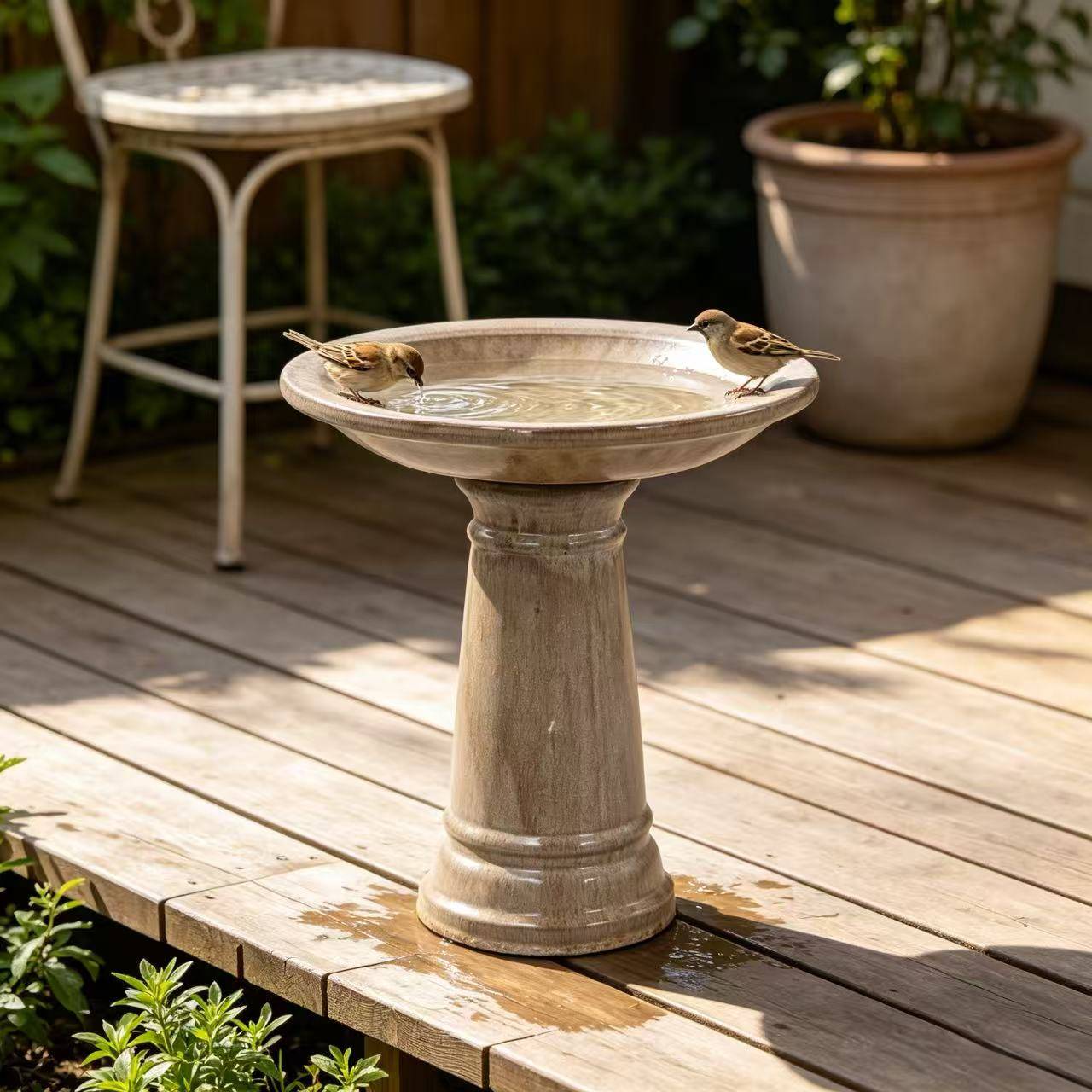 ComfortXL - Bain d’oiseaux en grès Ø 31,5 x H 38 cm beige antique pour jardin terrasse sur pied - ComfortXL Outdoor Living - Image 4