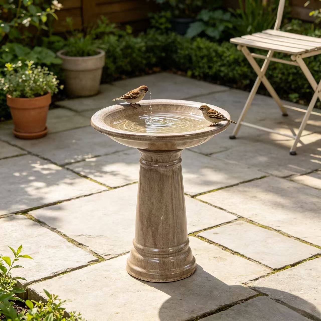 ComfortXL - Bain d’oiseaux en grès Ø 31,5 x H 38 cm beige antique pour jardin terrasse sur pied - ComfortXL Outdoor Living - Image 1