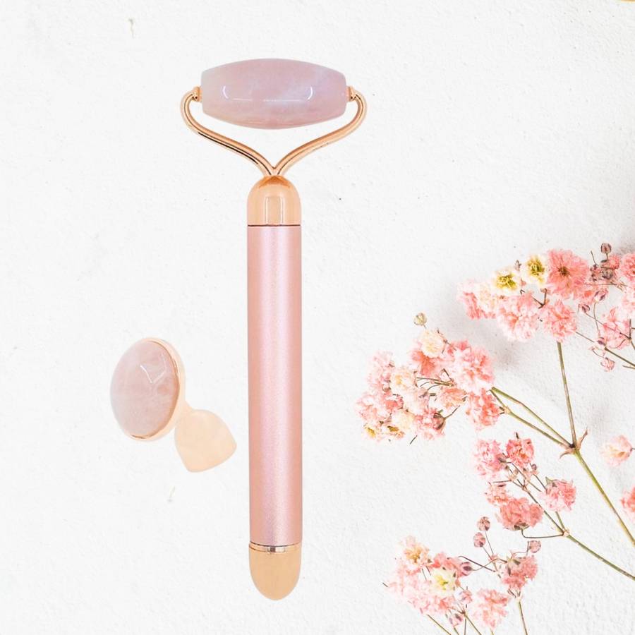 Masseur Visage Roller Pierre Quartz Rose Électrique – MicroVibration -Efficacité - Anti-Age - Stimule circulation sanguine - Sun&Sia - Image 1