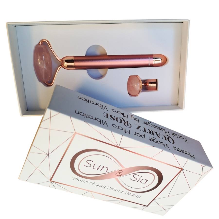 Masseur Visage Roller Pierre Quartz Rose Électrique – MicroVibration -Efficacité - Anti-Age - Stimule circulation sanguine - Sun&Sia - Image 4