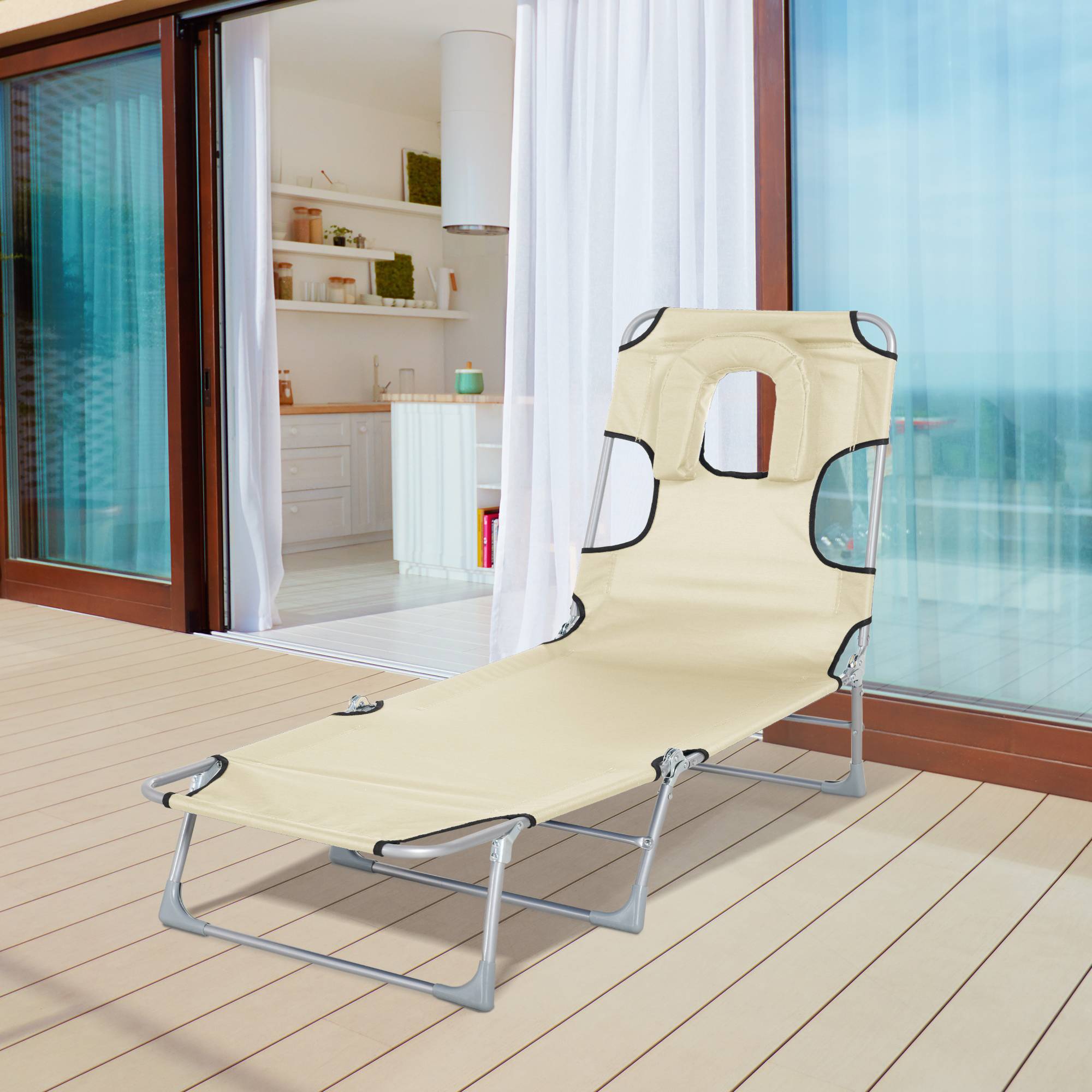 ComfortXL - Transat pliant acier Oxford beige 182x56x28 cm plage dossier 5 positions ouverture lecture - ComfortXL Outdoor Living - Image 4