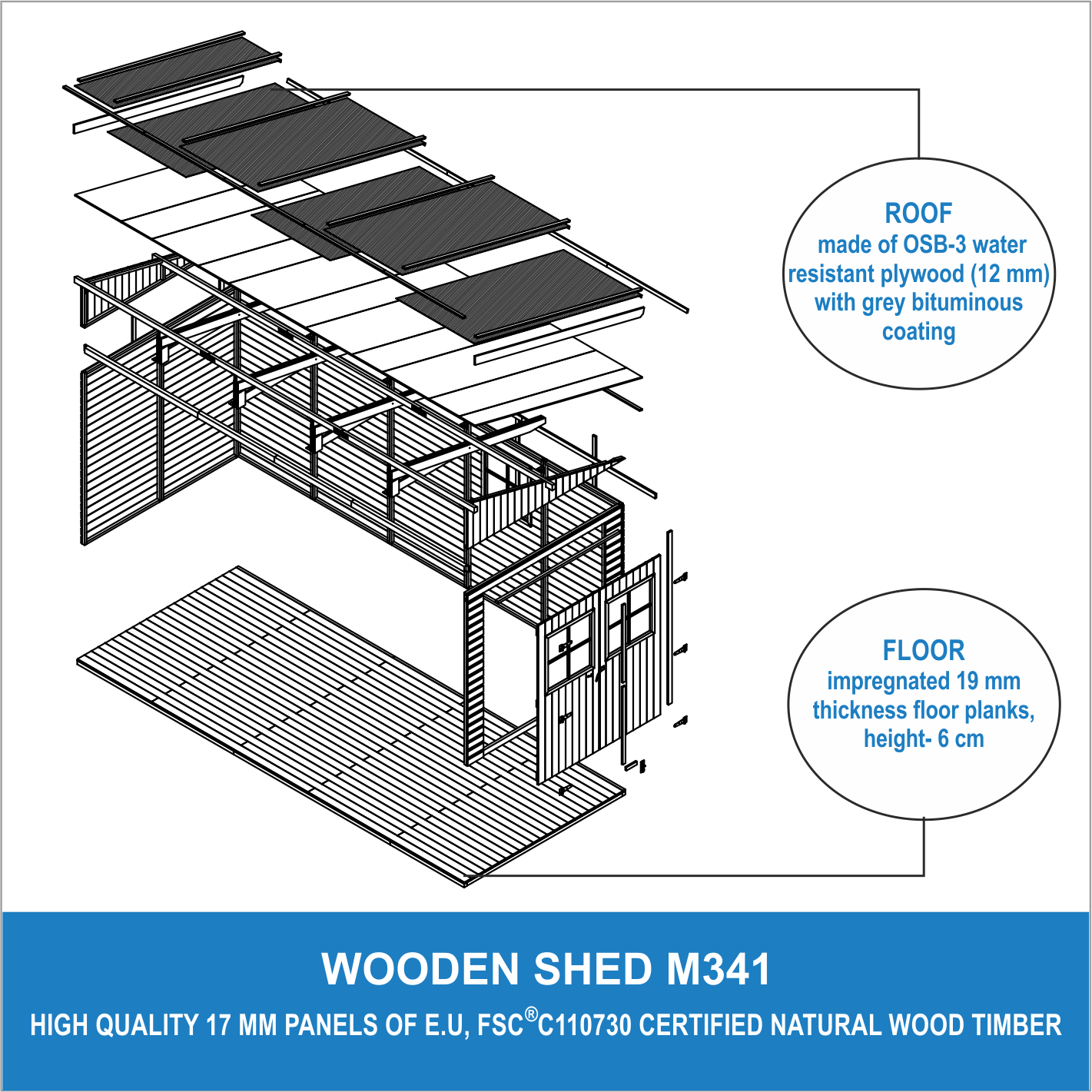 Timbela - Abri de Jardin en Bois Naturel H244x216x513 cm / 10 m² sans paroi latérale avec les planchers imprégné - 17 mm d’épaisseur - Timbela M341+M341G - Image 7
