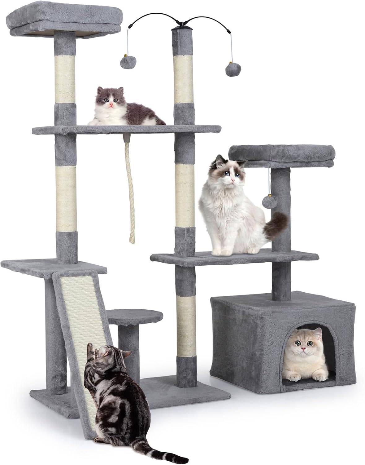 Arbre à Chat XXL Rotatif 136 cm, Condo, Planche et Poteaux à Griffer en Sisal, 7 Plateformes, Arbre a Chat Maine Coon, Pompons, Corde Suspendue, Tissu - Image 1