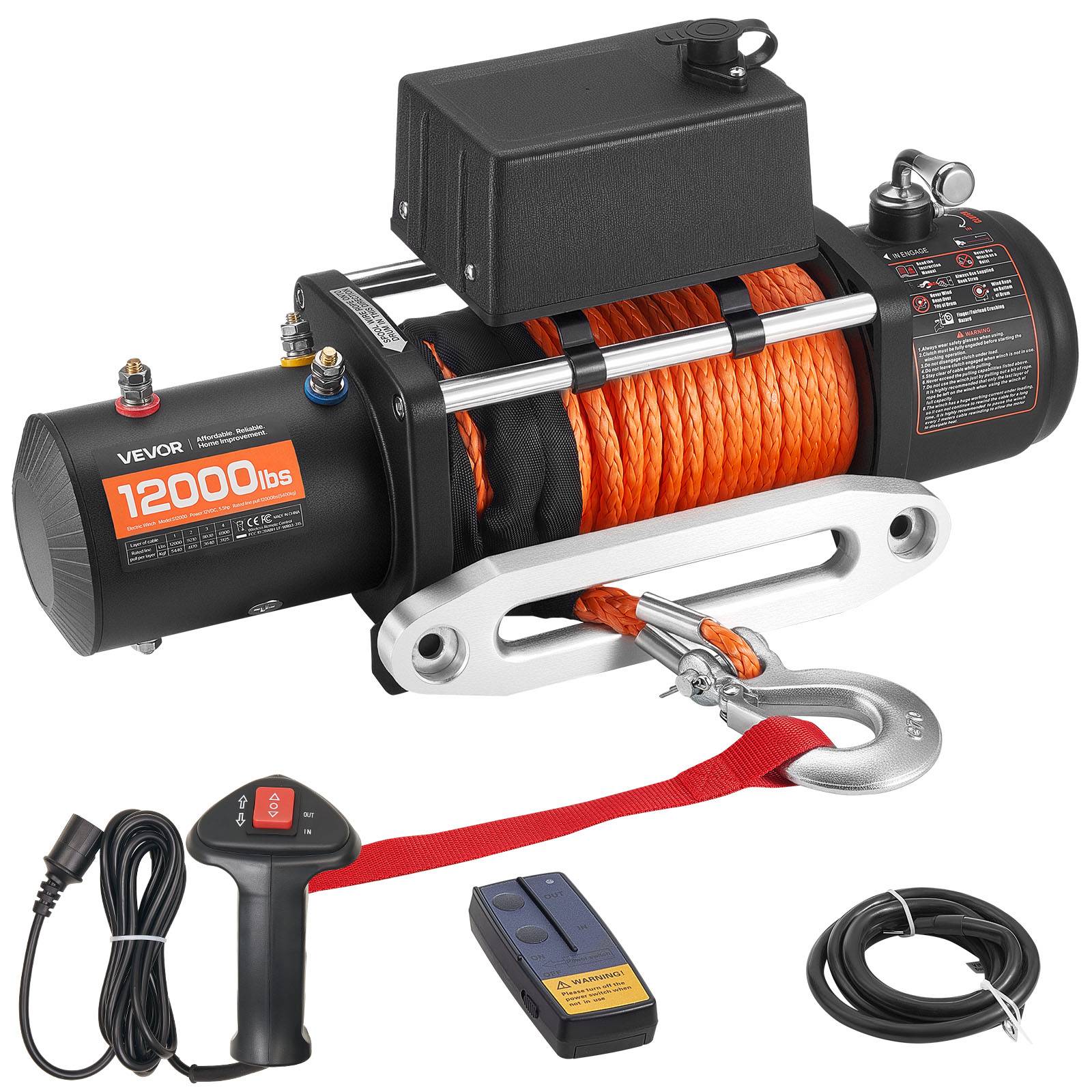 Vevor - VEVOR Treuil électrique 12 V 5 400 kg, corde synthétique Ø 9,1 mm x 23 m, télécommandes filaire et sans fil, IP55, pour SUV et tout-terrain.