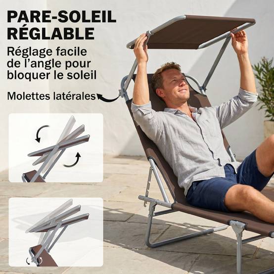 Transat Bain de Soleil Pliable Chaise Longue Grand Confort - 187x58x36cm Métal Marron fr574 - Image 6