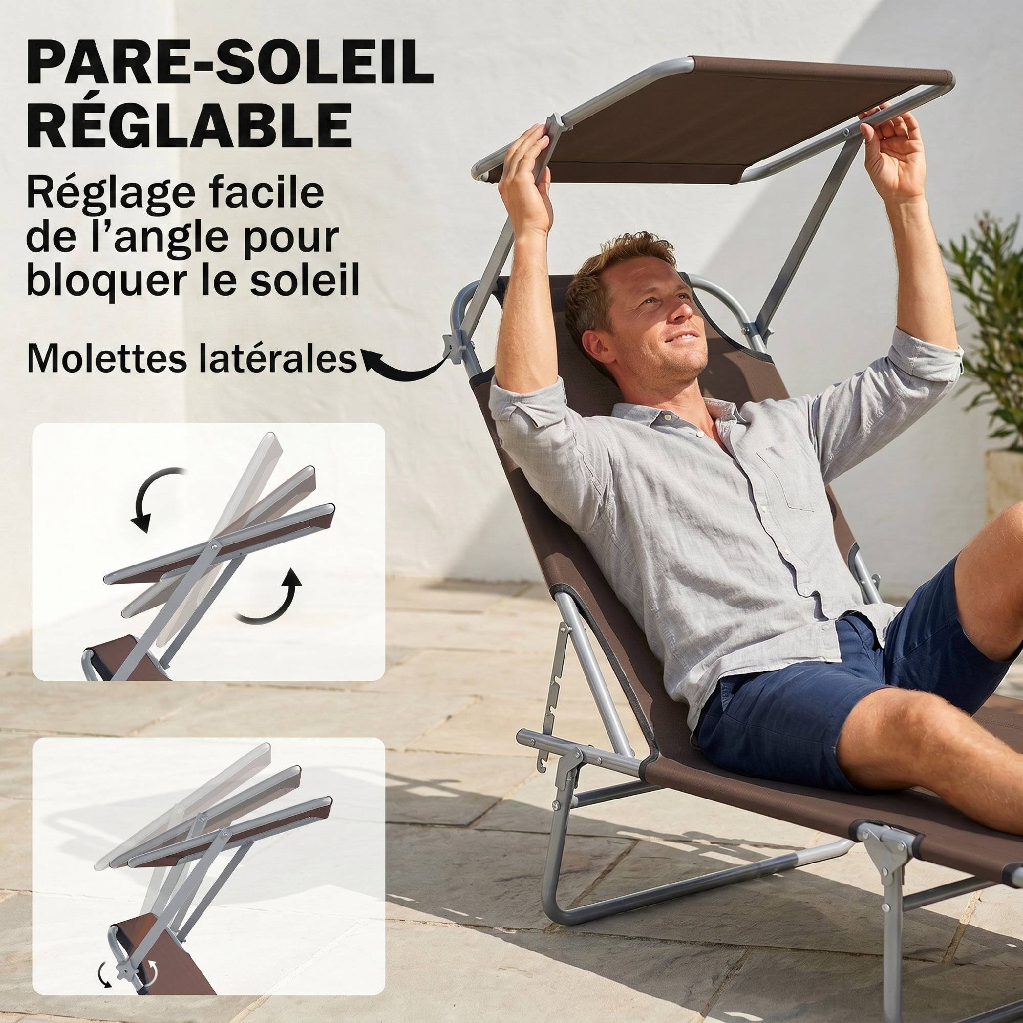 Transat Bain de Soleil Pliable Chaise Longue Grand Confort - 187x58x36cm Métal Marron fr574 - Image 6