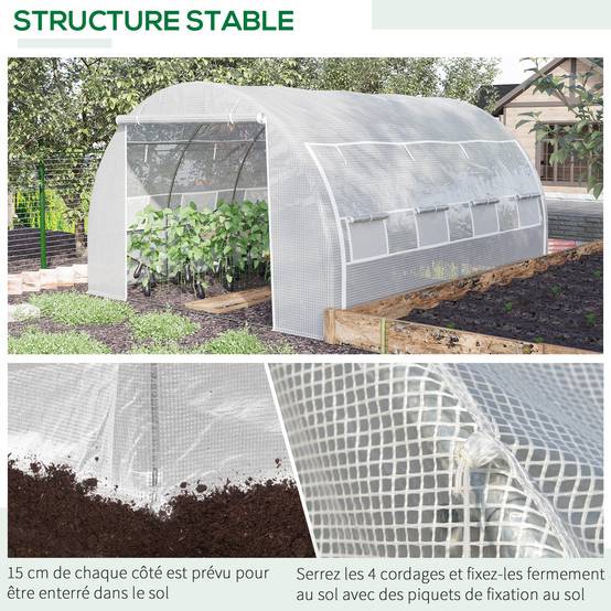 Serre de jardin serre tunnel 12 m² avec porte, parois latérales enroulables 8 fenêtres acier PE 4 x 3 x 2 m blanc - Image 8