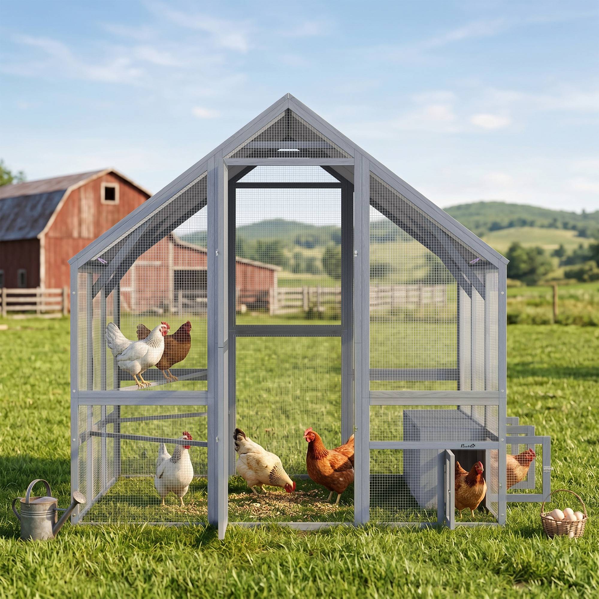 Sans Marque - Poulailler, toile résistante, 2 nichoirs, 2 perchoirs, 8-10 poules, bois, 211x186,5x185,5 cm, Gris foncé - Image 10