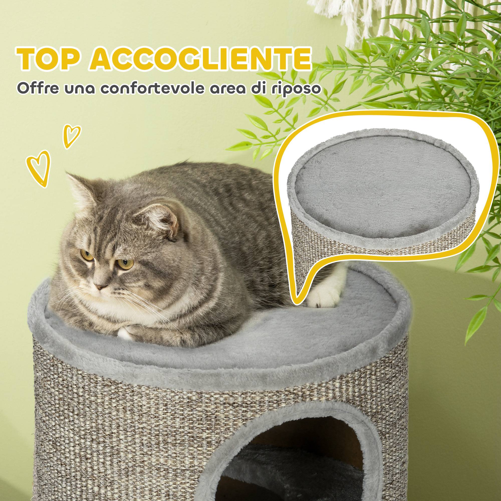 Maison pour chat à 3 niveaux avec griffoir en sisal et peluche, Ø38 x 70 cm, gris clair - Image 7