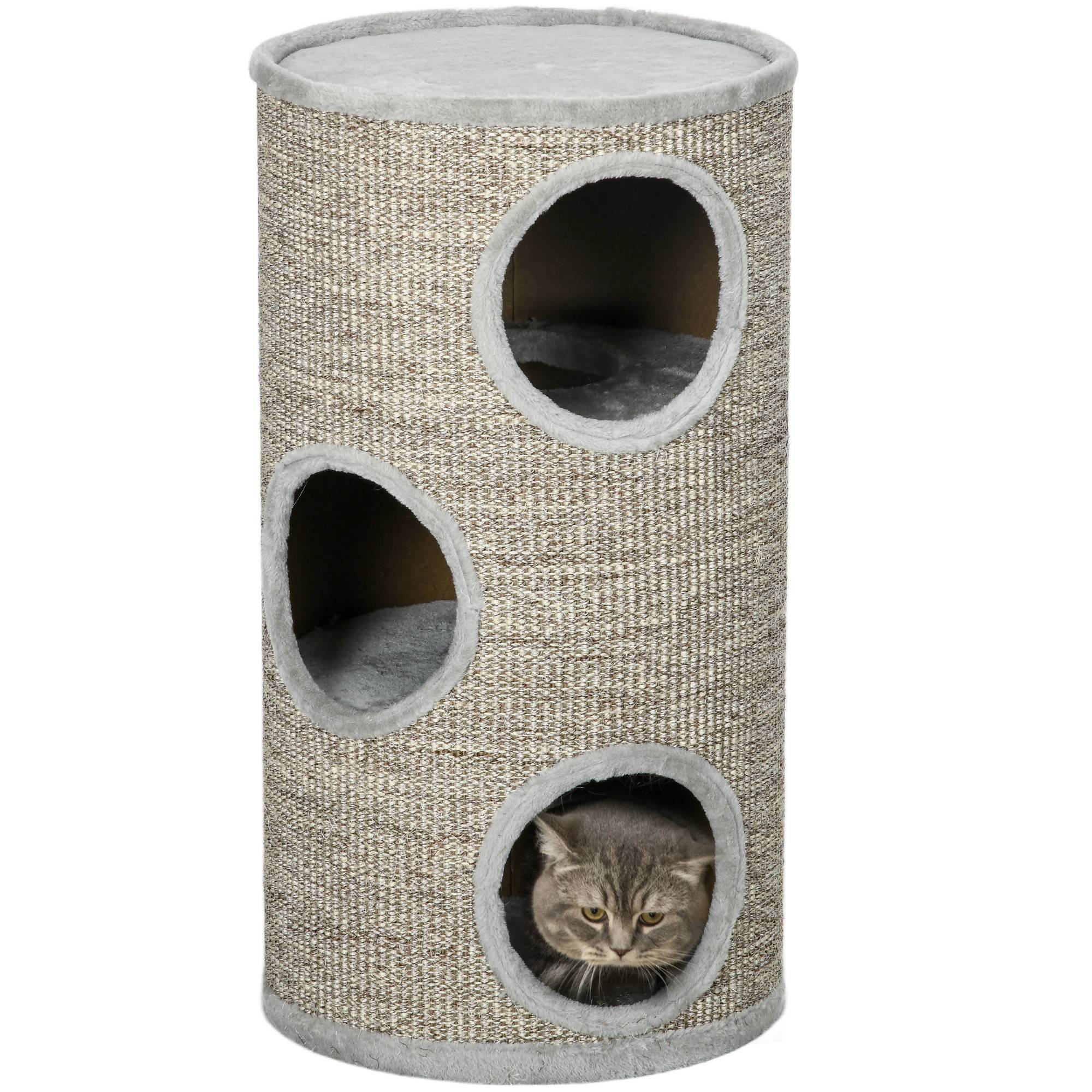 Maison pour chat à 3 niveaux avec griffoir en sisal et peluche, Ø38 x 70 cm, gris clair - Image 1