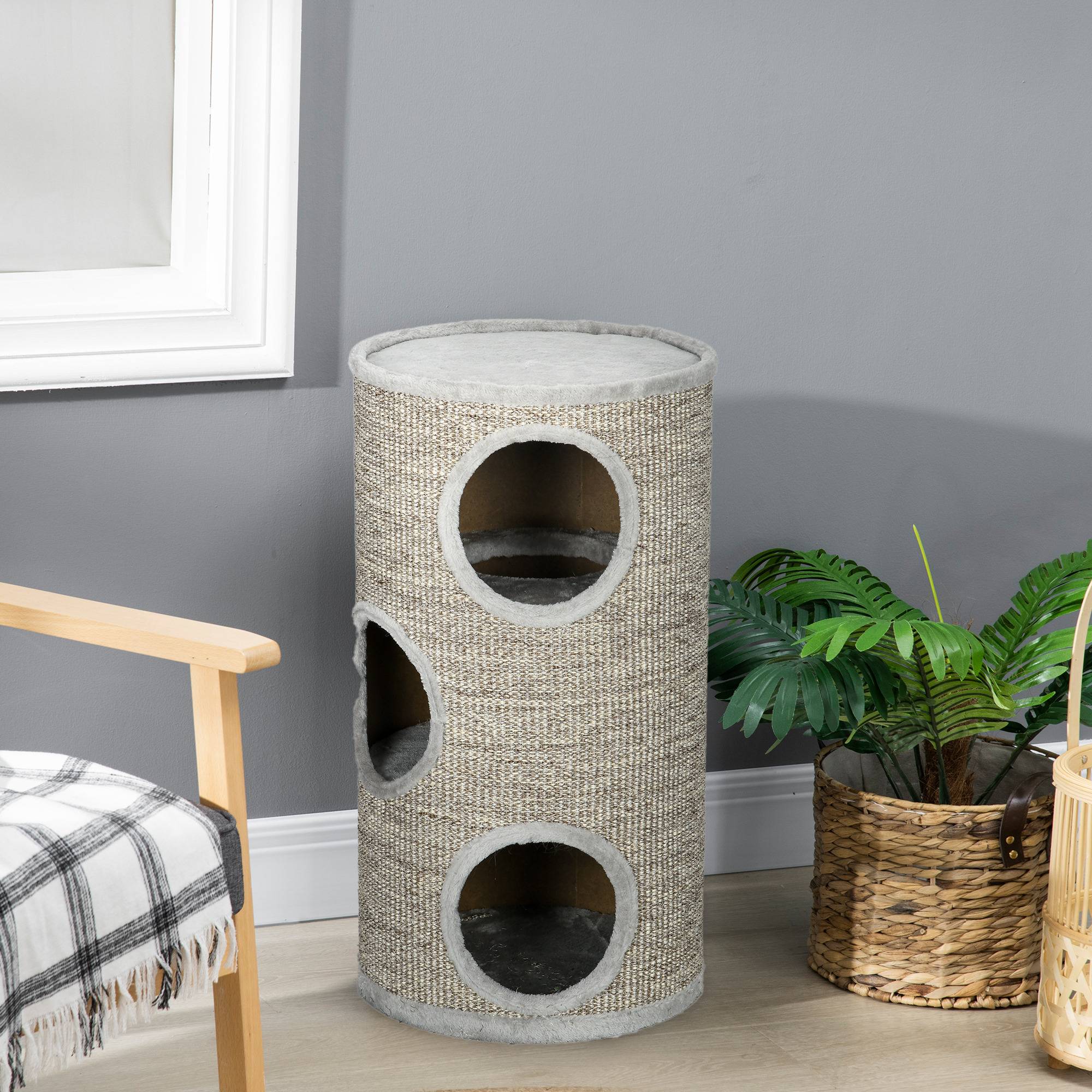 Maison pour chat à 3 niveaux avec griffoir en sisal et peluche, Ø38 x 70 cm, gris clair - Image 9