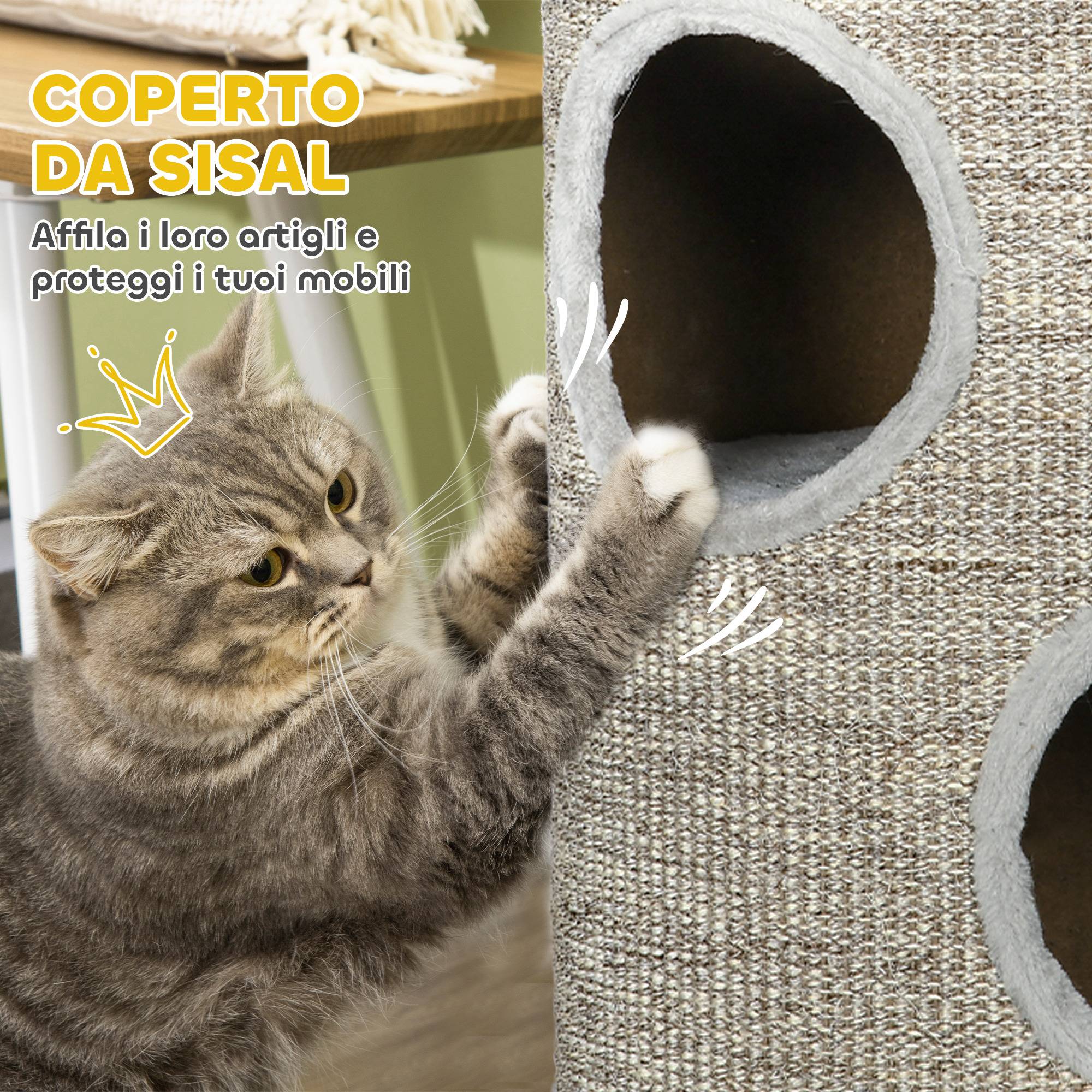 Maison pour chat à 3 niveaux avec griffoir en sisal et peluche, Ø38 x 70 cm, gris clair - Image 8