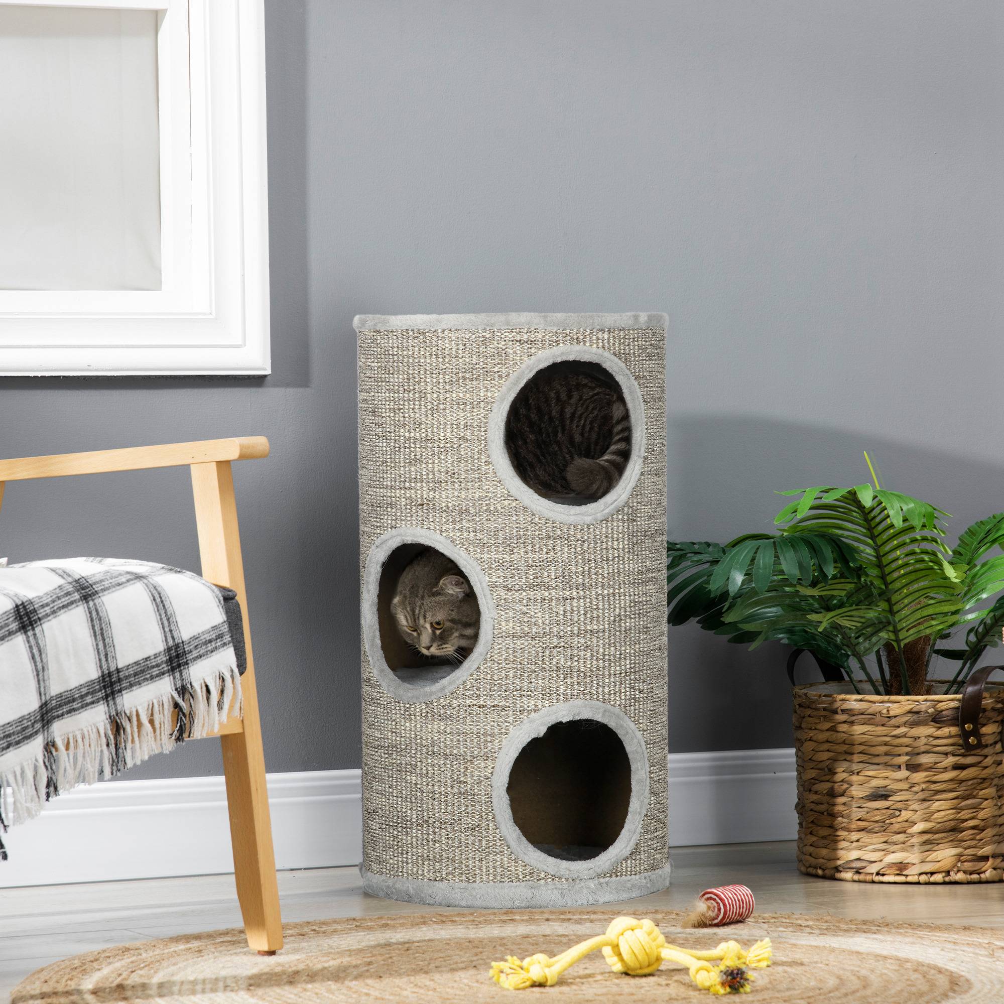 Maison pour chat à 3 niveaux avec griffoir en sisal et peluche, Ø38 x 70 cm, gris clair - Image 4
