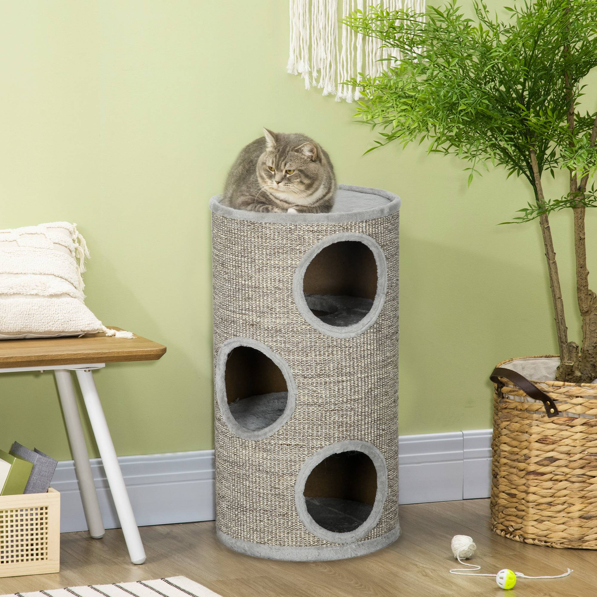 Maison pour chat à 3 niveaux avec griffoir en sisal et peluche, Ø38 x 70 cm, gris clair - Image 3