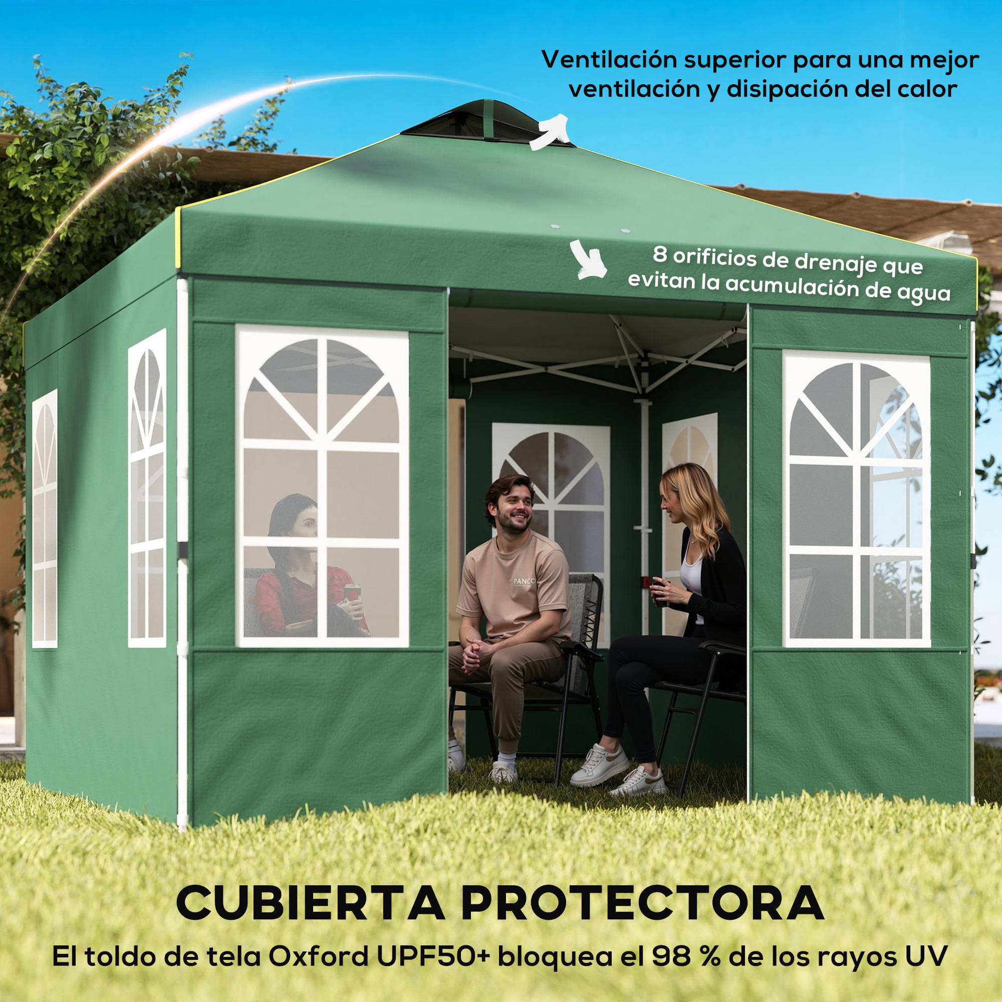 Tente pliante pop-up 3x3m avec protection UPF50+, 4 panneaux latéraux détachables, hauteur réglable et sac de transport (verte) - Image 6