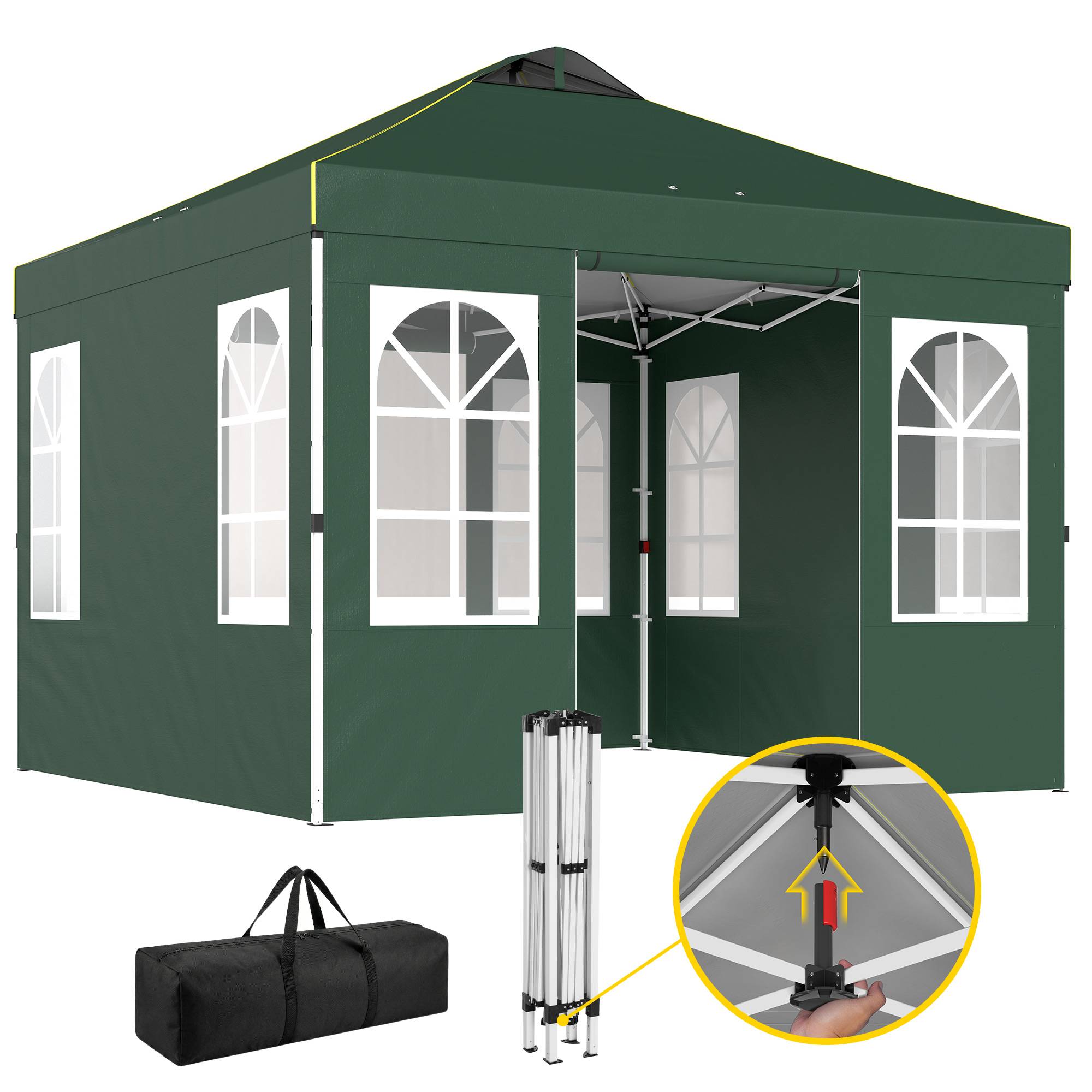 Tente pliante pop-up 3x3m avec protection UPF50+, 4 panneaux latéraux détachables, hauteur réglable et sac de transport (verte) - Image 1