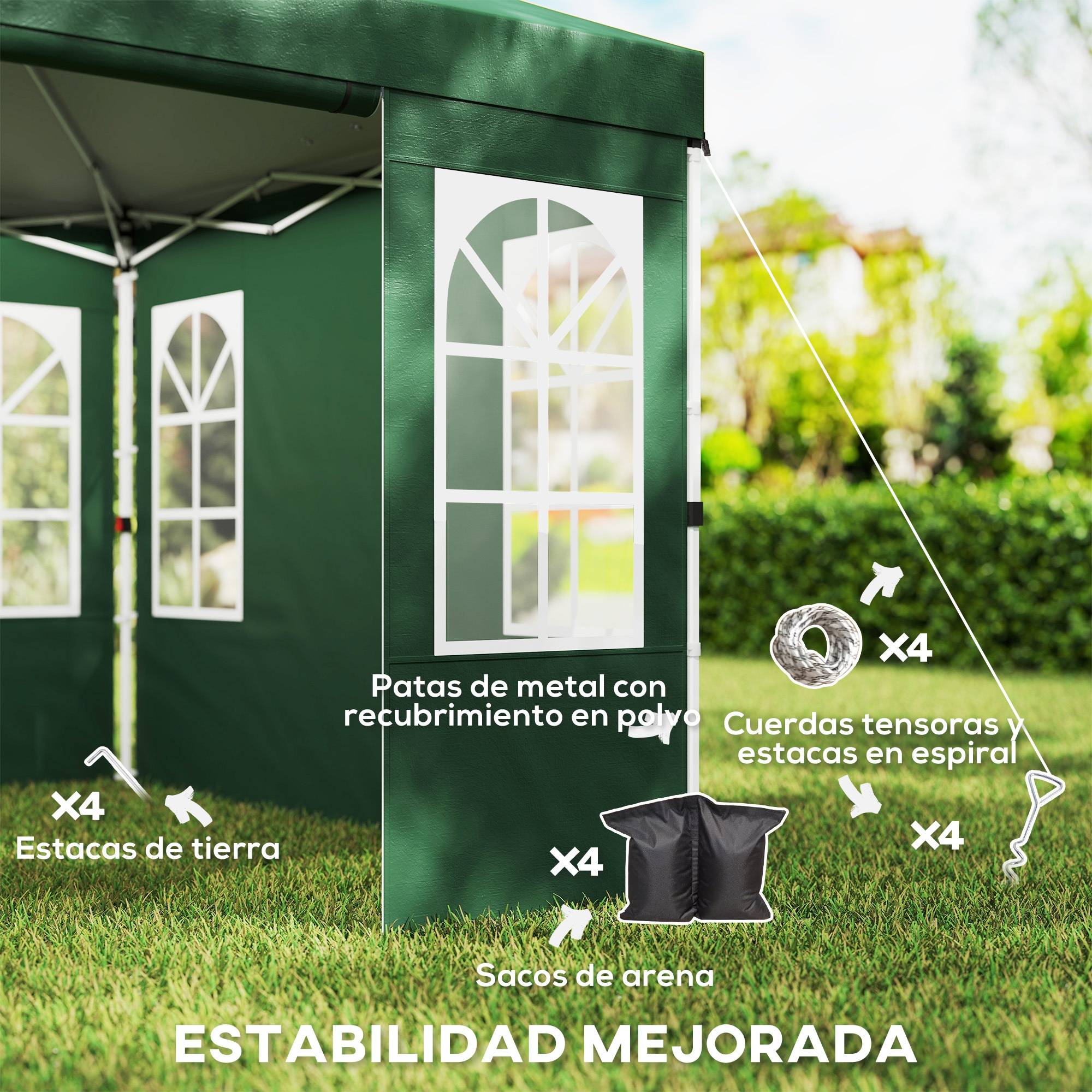 Tente pliante pop-up 3x3m avec protection UPF50+, 4 panneaux latéraux détachables, hauteur réglable et sac de transport (verte) - Image 8