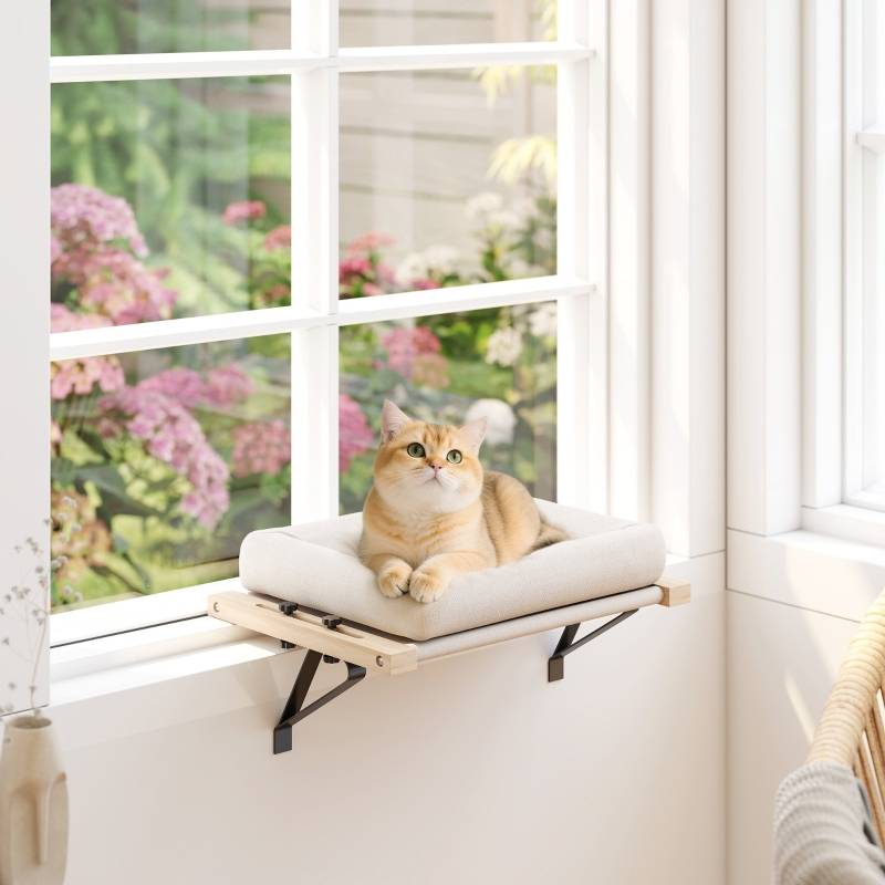 Hamac Chat Radiateur Fenêtre Bois Lit Suspendu Ajustable Lavable Blanc Crème - ComfortXL Outdoor Living - Image 1