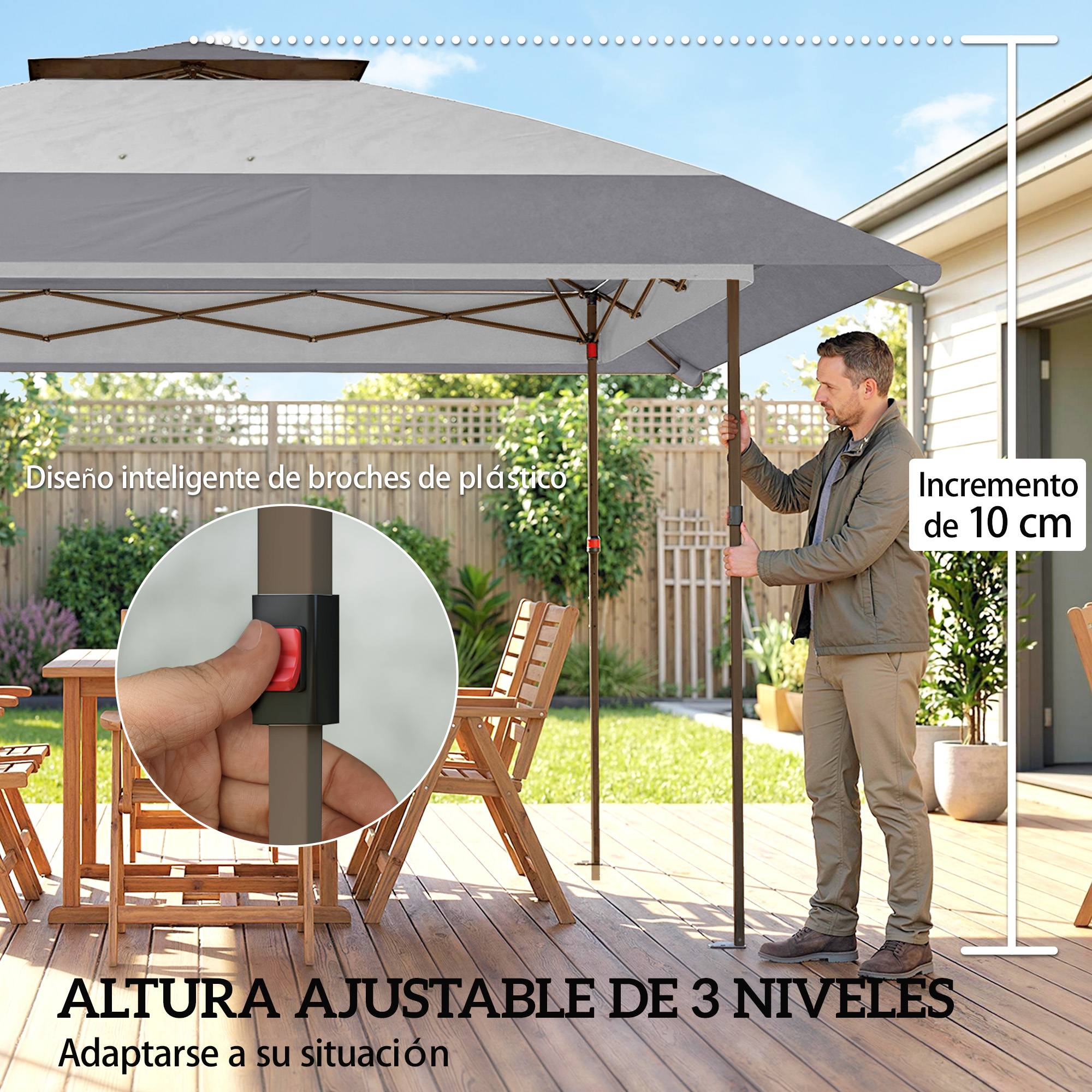 Tente pliante 4x4m à double toit, 4 parois en filet, hauteur réglable, sac de transport, protection UPF30+, grise - Image 9