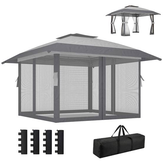 Tente pliante 4x4m à double toit, 4 parois en filet, hauteur réglable, sac de transport, protection UPF30+, grise - Image 2