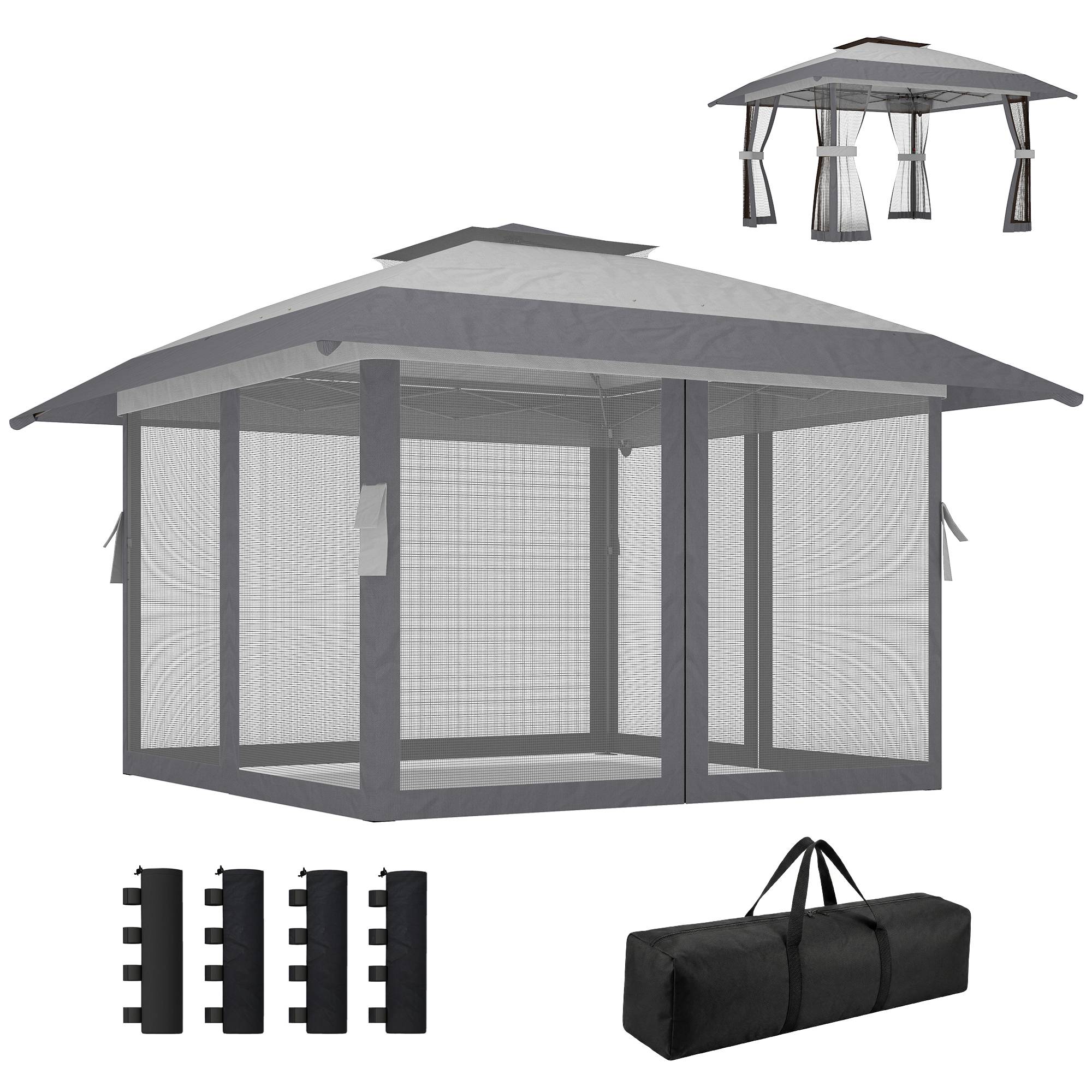 Tente pliante 4x4m à double toit, 4 parois en filet, hauteur réglable, sac de transport, protection UPF30+, grise - Image 2