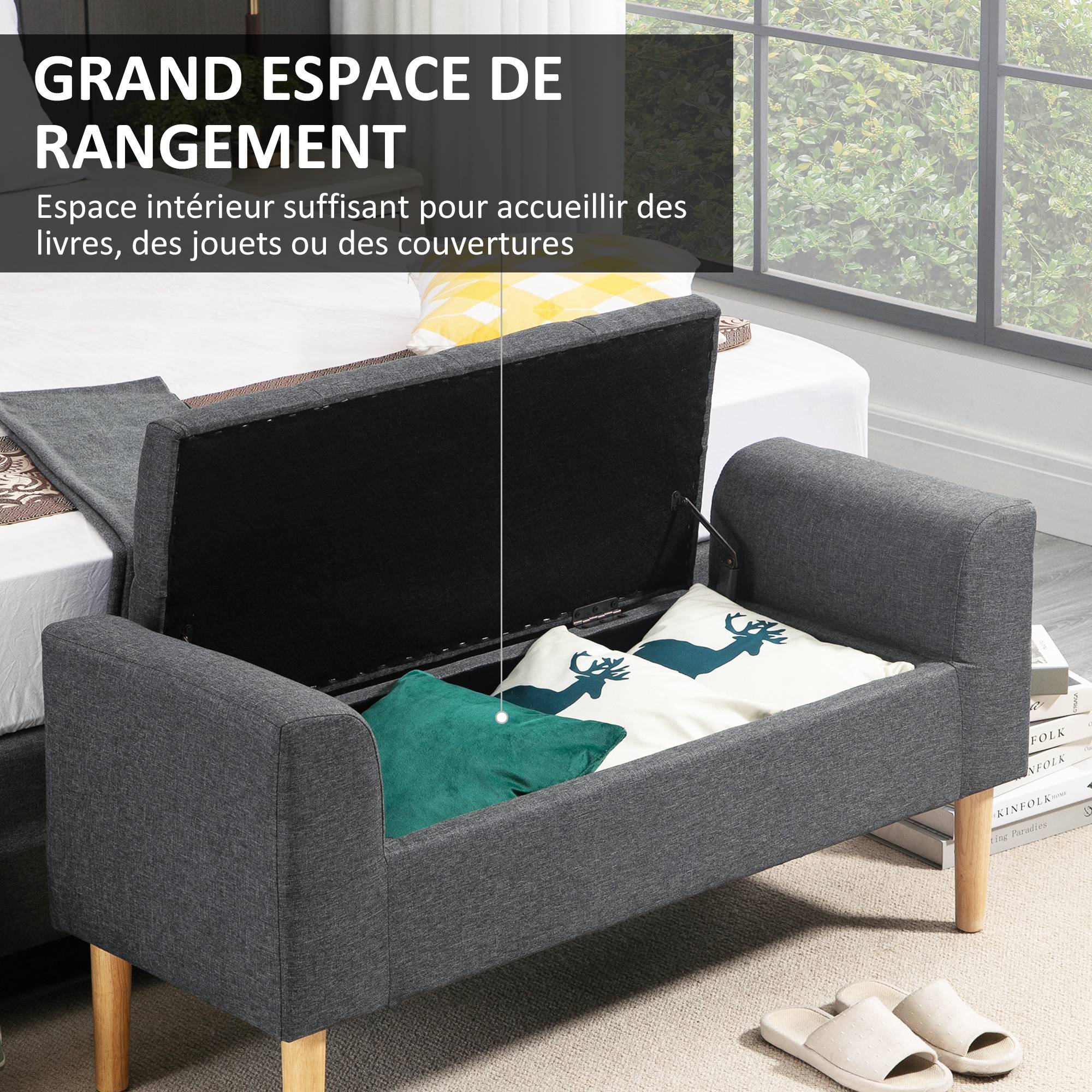 Banc coffre de rangement capitonné avec accoudoirs, 116 x 44 x 58 cm, charge 130 kg, pour chambre, entrée, salon, gris foncé - Image 6