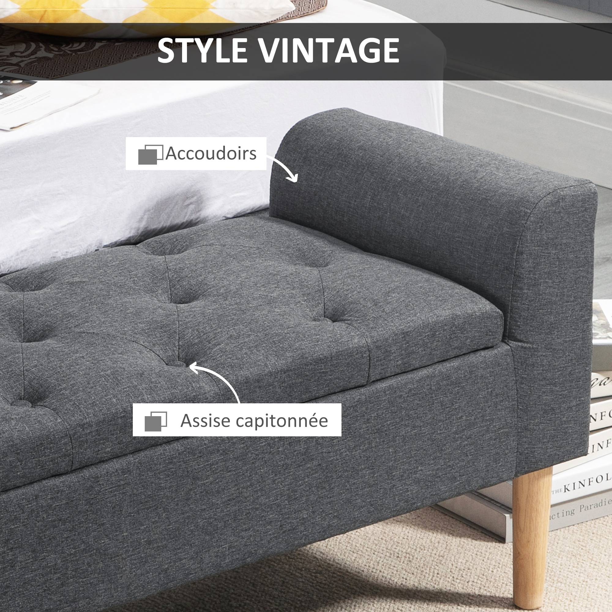 Banc coffre de rangement capitonné avec accoudoirs, 116 x 44 x 58 cm, charge 130 kg, pour chambre, entrée, salon, gris foncé - Image 8