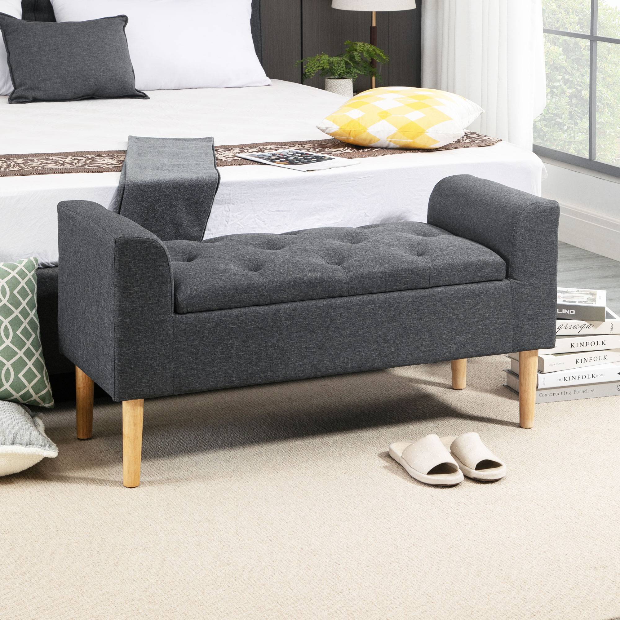 Banc coffre de rangement capitonné avec accoudoirs, 116 x 44 x 58 cm, charge 130 kg, pour chambre, entrée, salon, gris foncé - Image 3