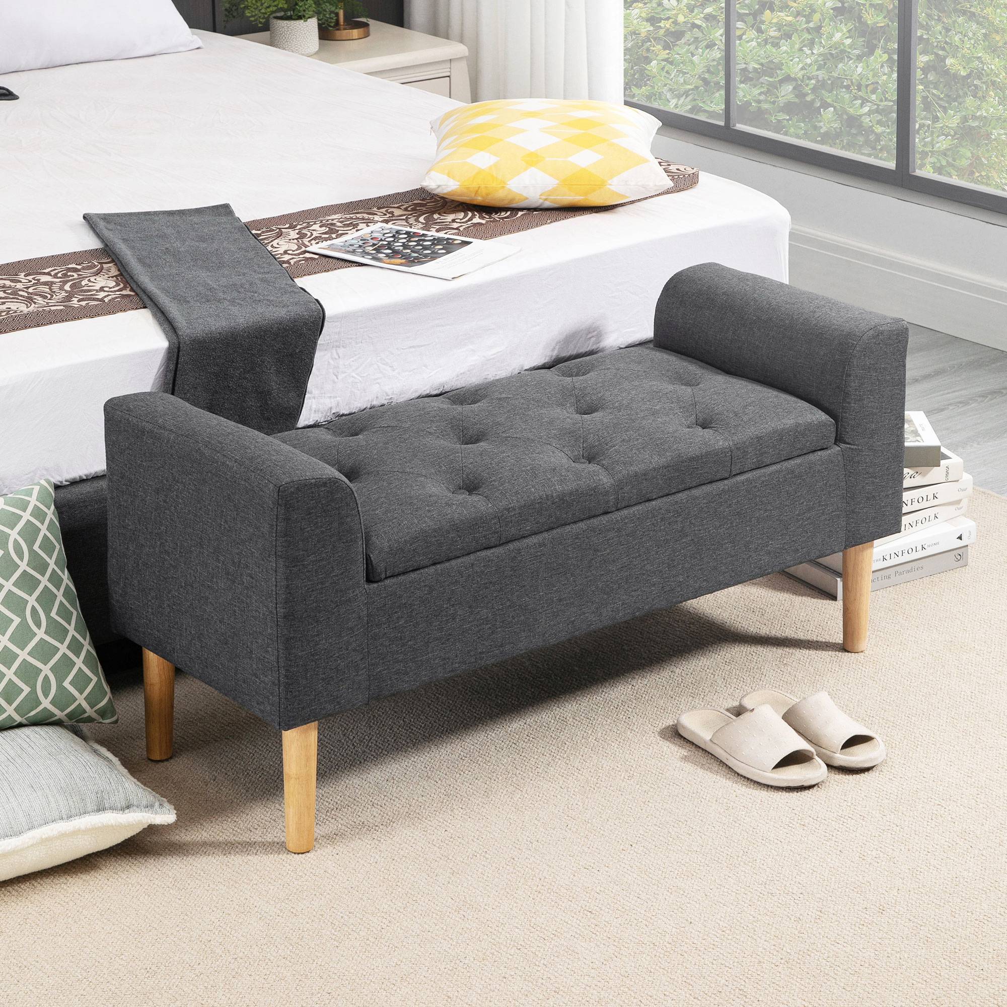 Banc coffre de rangement capitonné avec accoudoirs, 116 x 44 x 58 cm, charge 130 kg, pour chambre, entrée, salon, gris foncé - Image 4