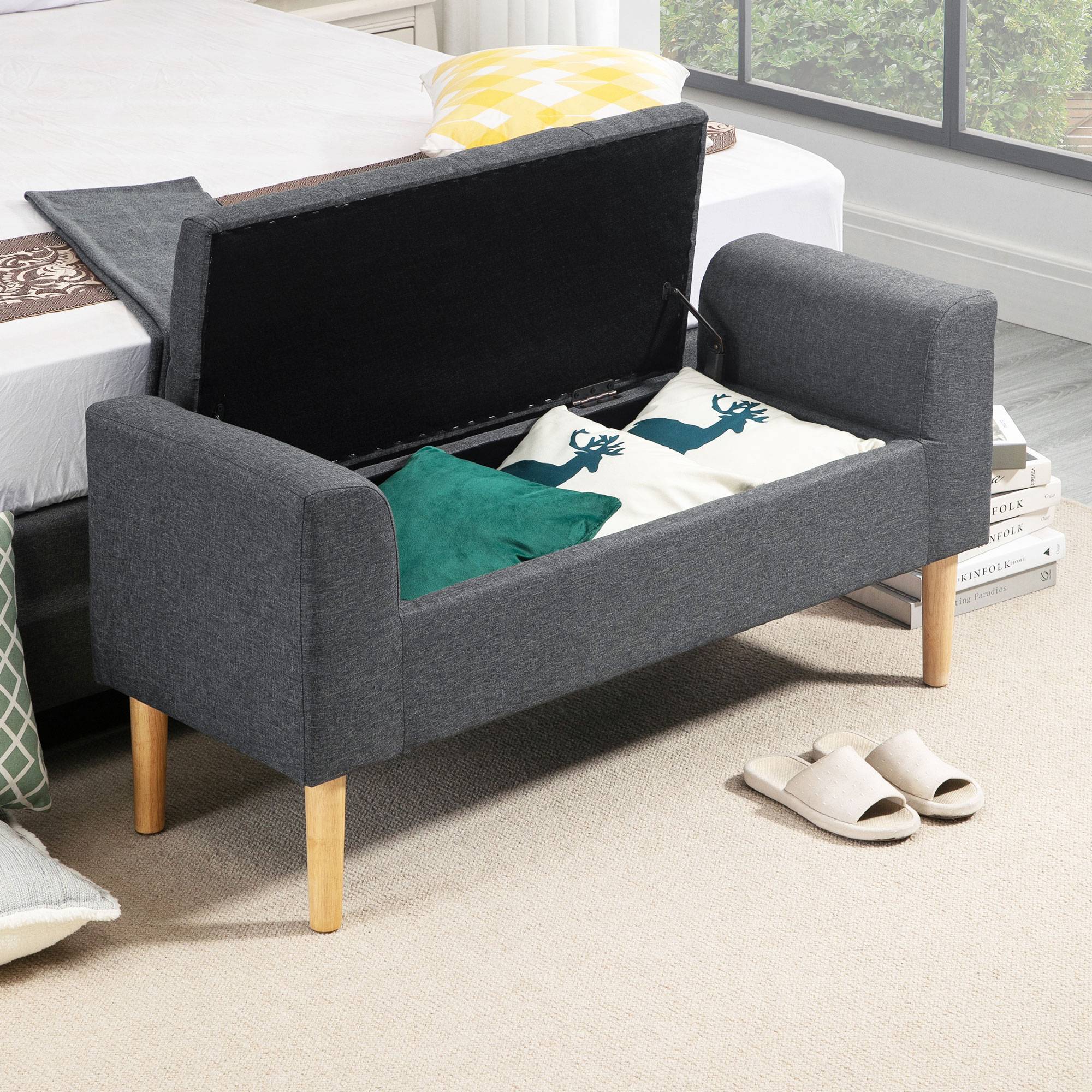Banc coffre de rangement capitonné avec accoudoirs, 116 x 44 x 58 cm, charge 130 kg, pour chambre, entrée, salon, gris foncé - Image 10