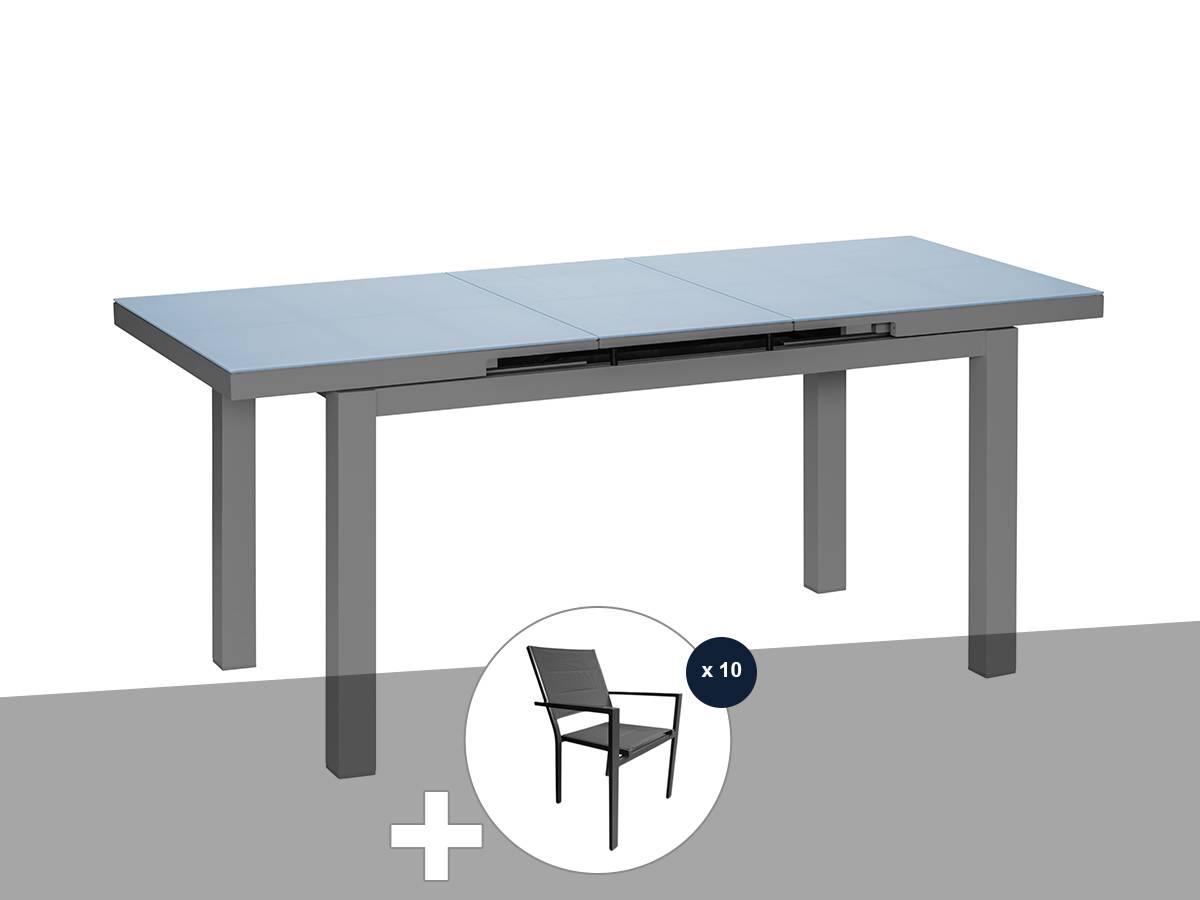 Table à manger d'extérieur extensible en aluminium gris  Ibiza anthracite avec 10 fauteuils - Jardiline - Image 1