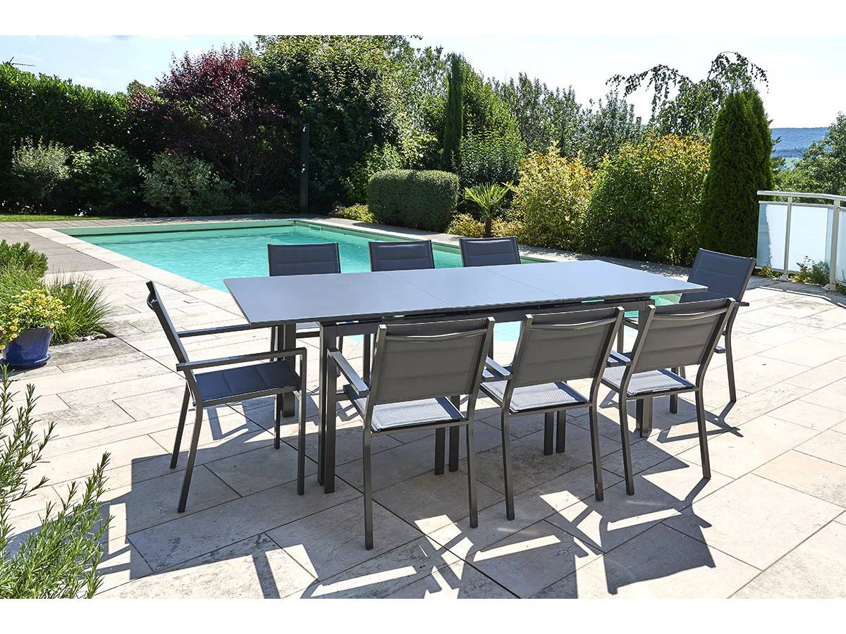 Table à manger d'extérieur extensible en aluminium gris  Ibiza anthracite avec 10 fauteuils - Jardiline - Image 2