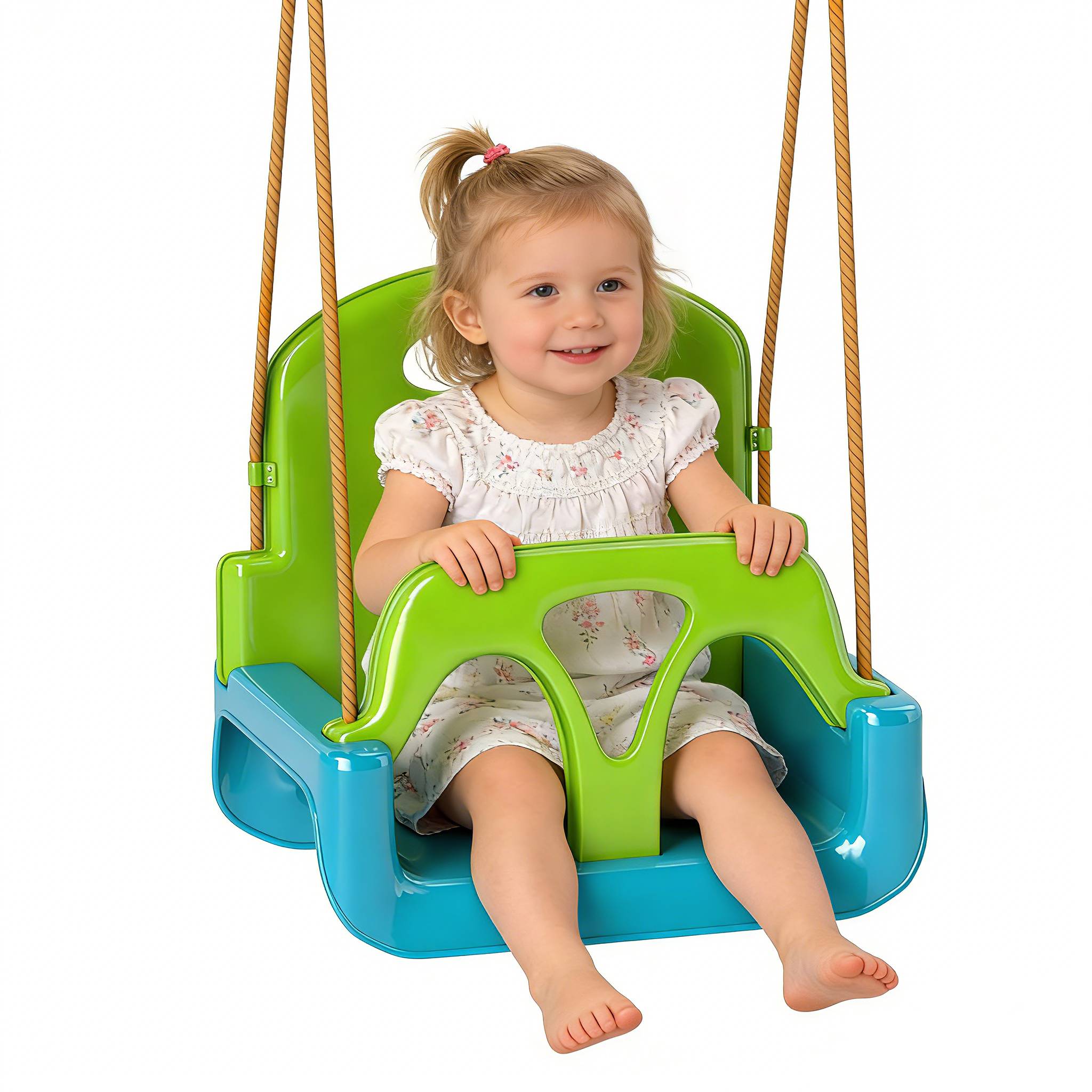 Balançoire enfant 3en1 vert, corde réglable + dossier + barre T + ceinture - Image 1